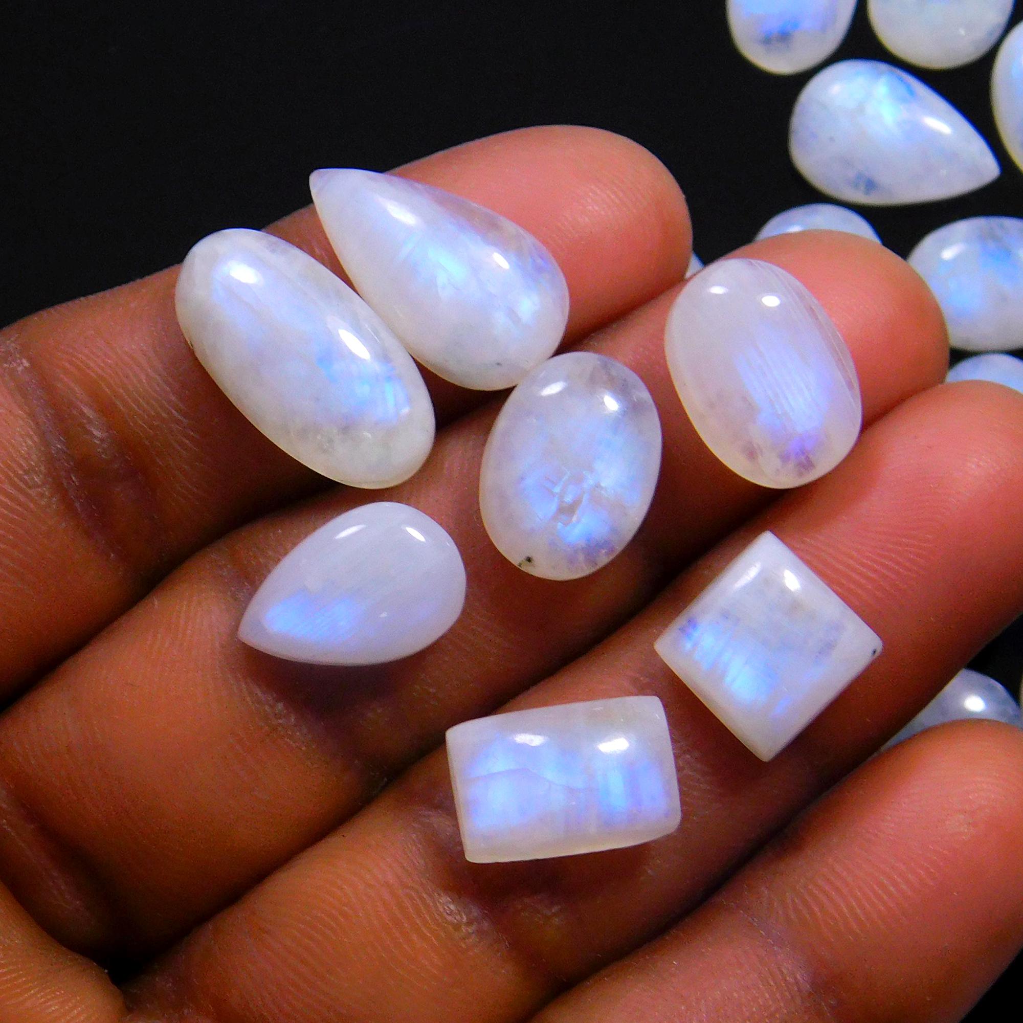 34 Pcs 142 Cts Natural Rainbow Moonstone Gemstone Cabochon Lot 7x7-17x8mm14002