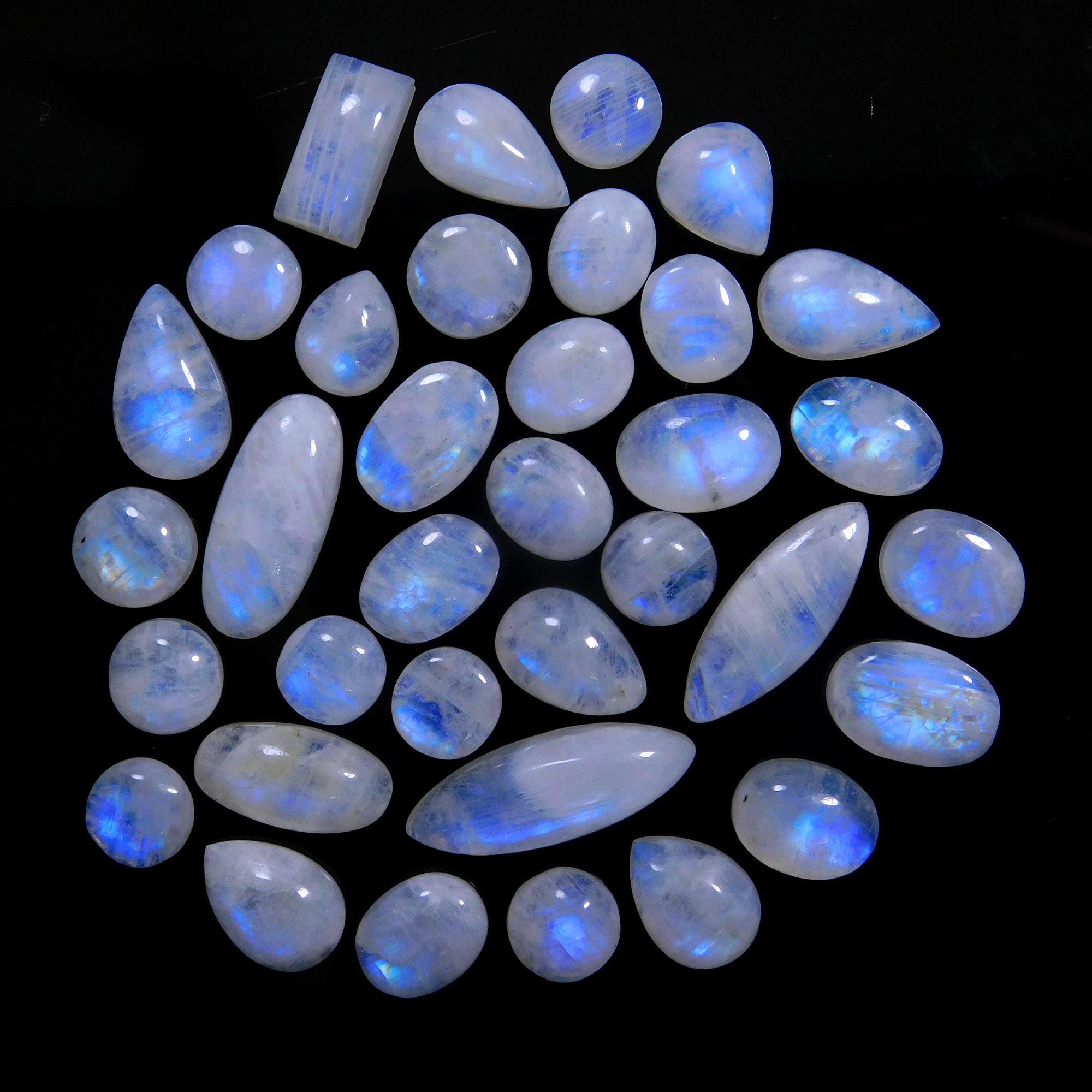 35 Pcs 152 Cts Natural Rainbow Moonstone Gemstone Cabochon Lot 7x7-23x7mm14003