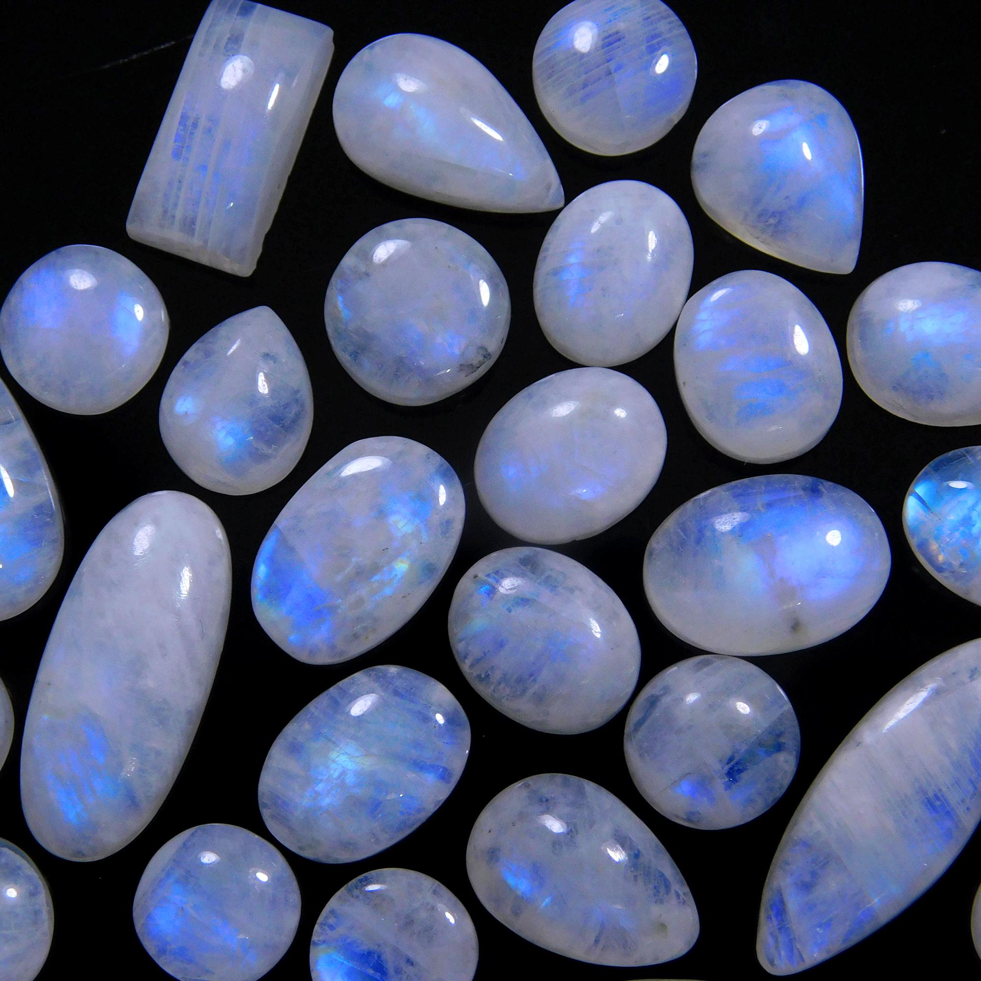 35 Pcs 152 Cts Natural Rainbow Moonstone Gemstone Cabochon Lot 7x7-23x7mm14003