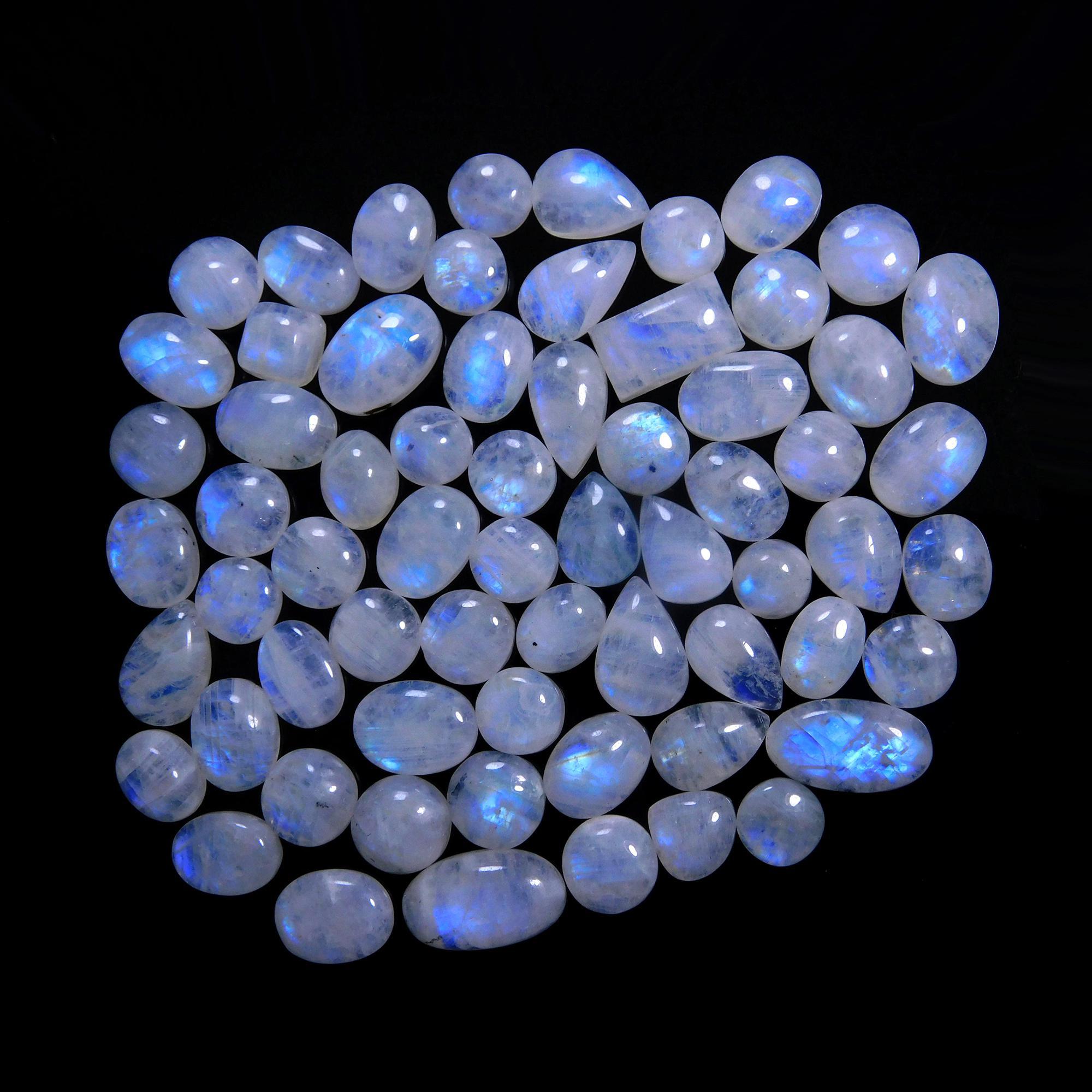 65 Pcs 245 Cts Natural Rainbow Moonstone Gemstone Cabochon Lot 7x9-9x15mm14004