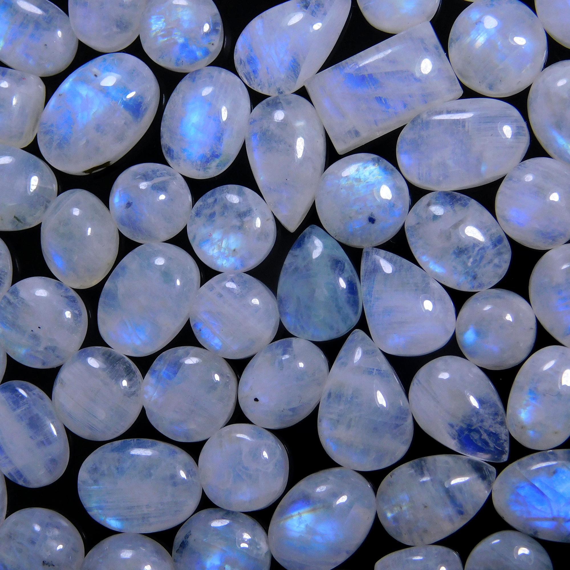 65 Pcs 245 Cts Natural Rainbow Moonstone Gemstone Cabochon Lot 7x9-9x15mm14004
