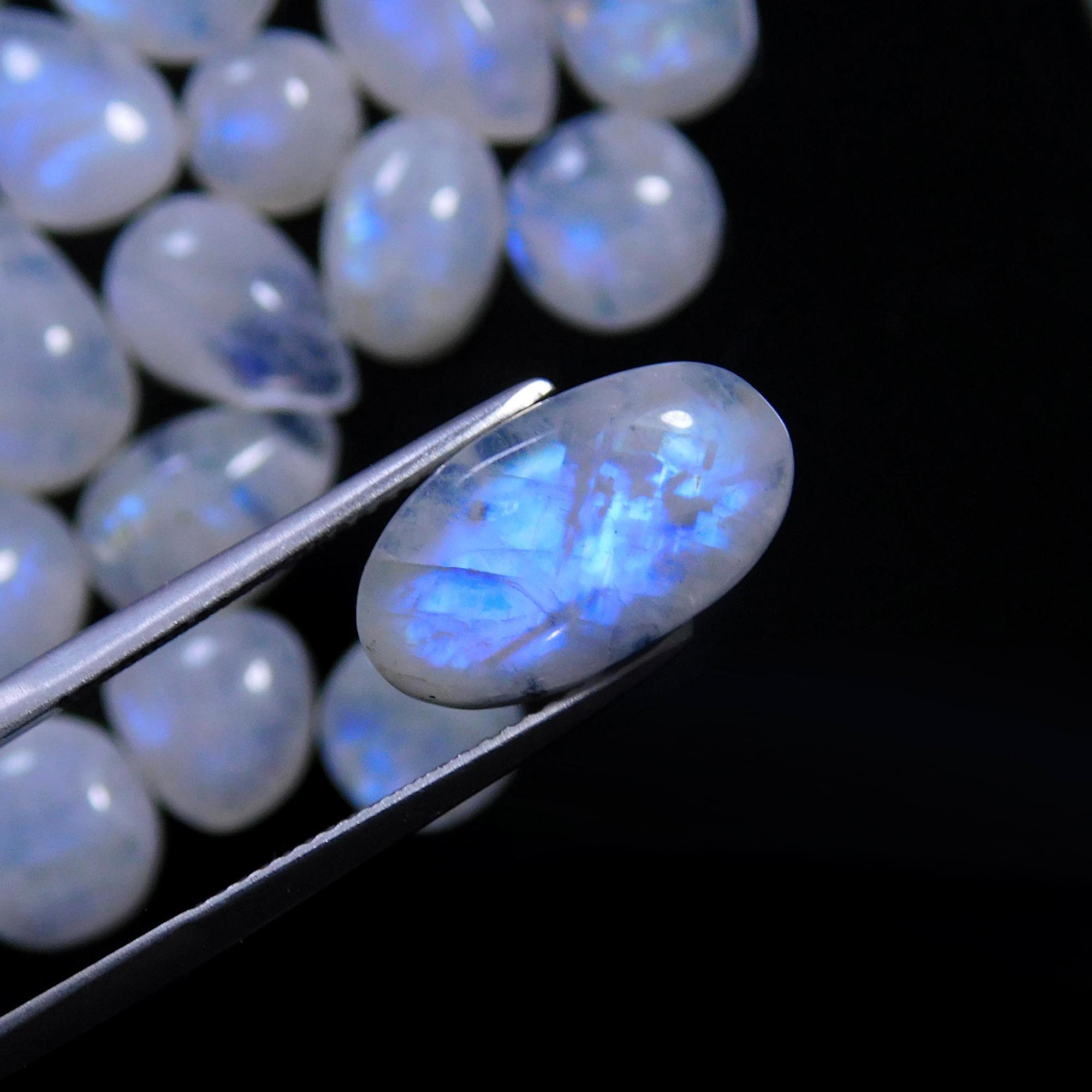 65 Pcs 245 Cts Natural Rainbow Moonstone Gemstone Cabochon Lot 7x9-9x15mm14004