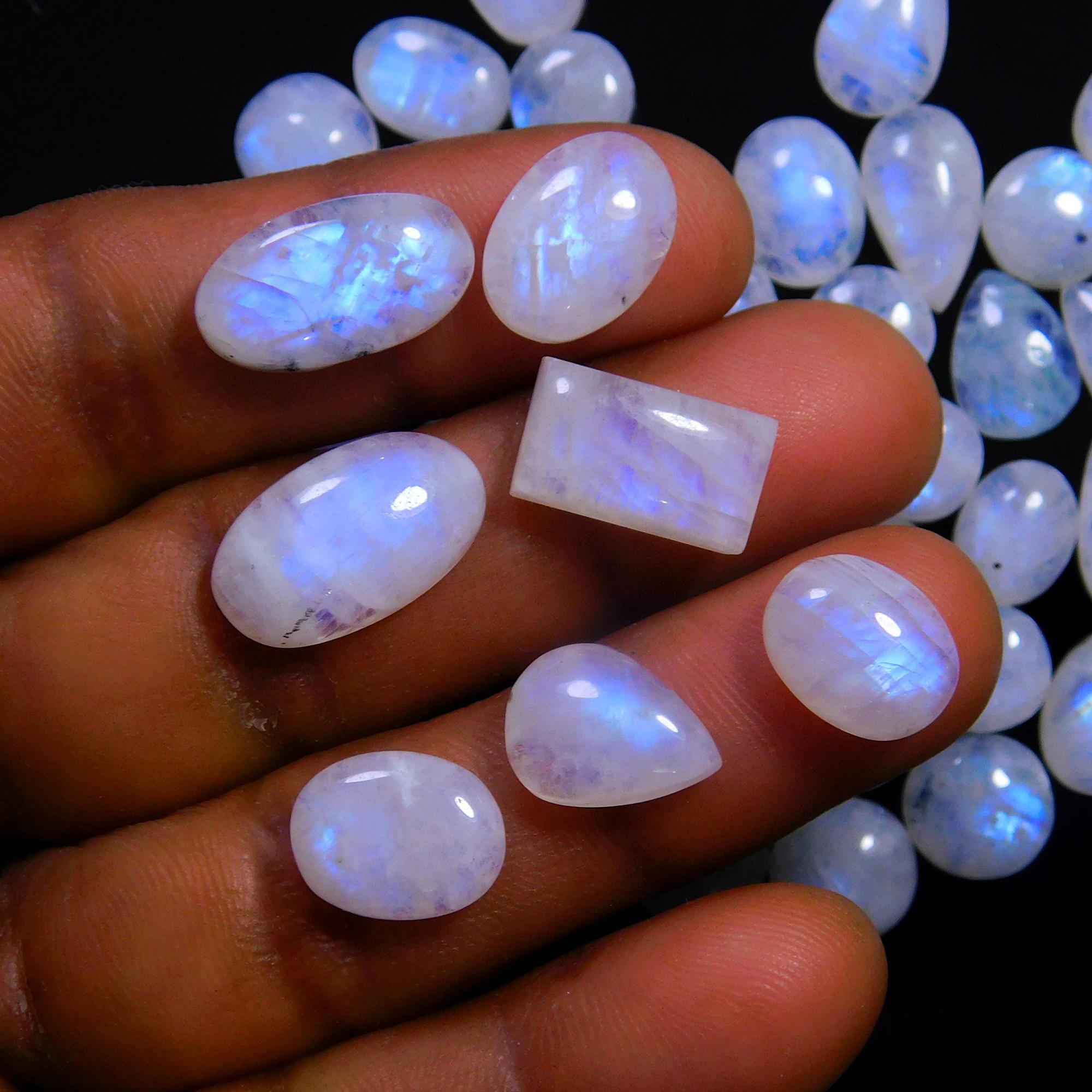 65 Pcs 245 Cts Natural Rainbow Moonstone Gemstone Cabochon Lot 7x9-9x15mm14004