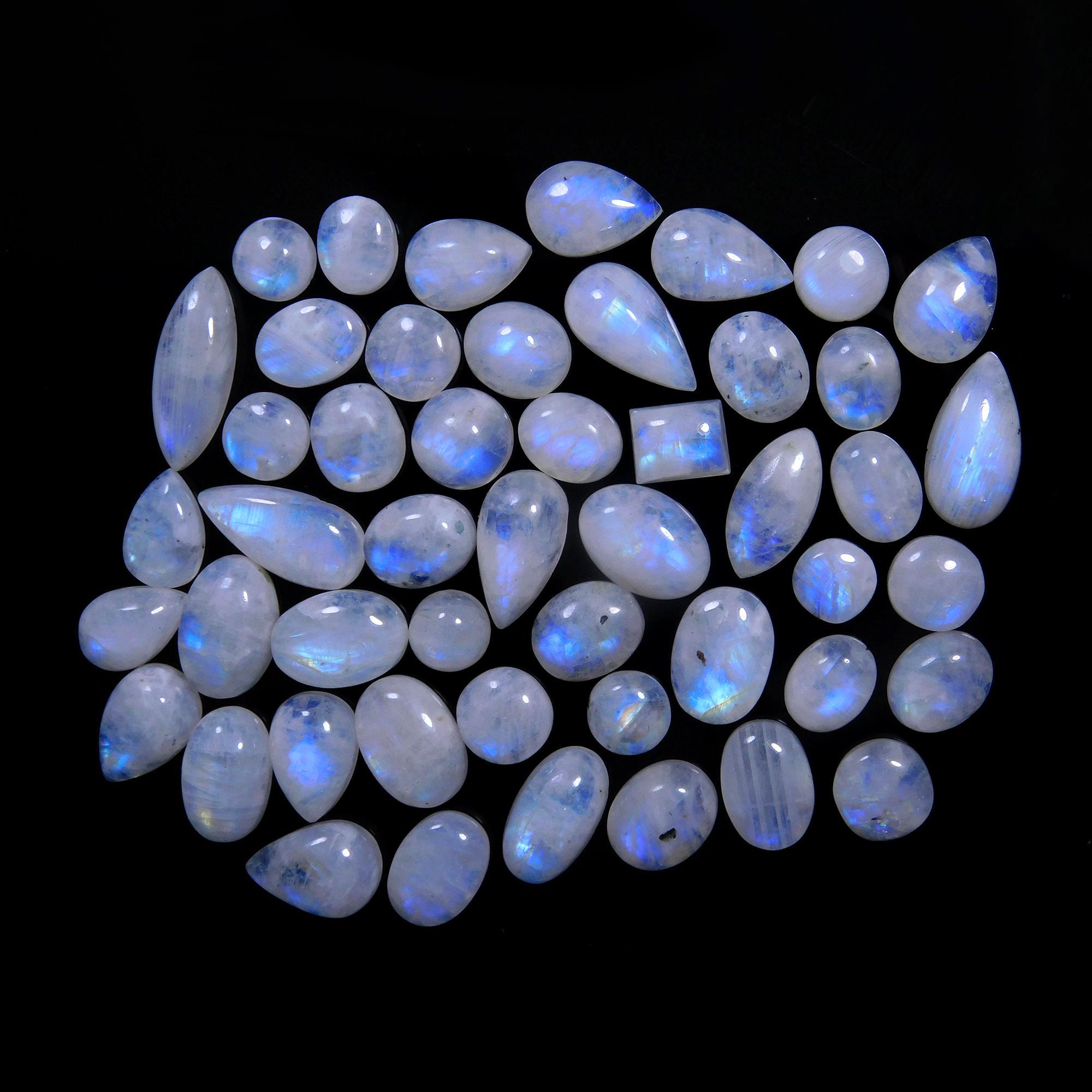 49 Pcs 215 Cts Natural Rainbow Moonstone Gemstone Cabochon Lot 7x9-7x20mm14005