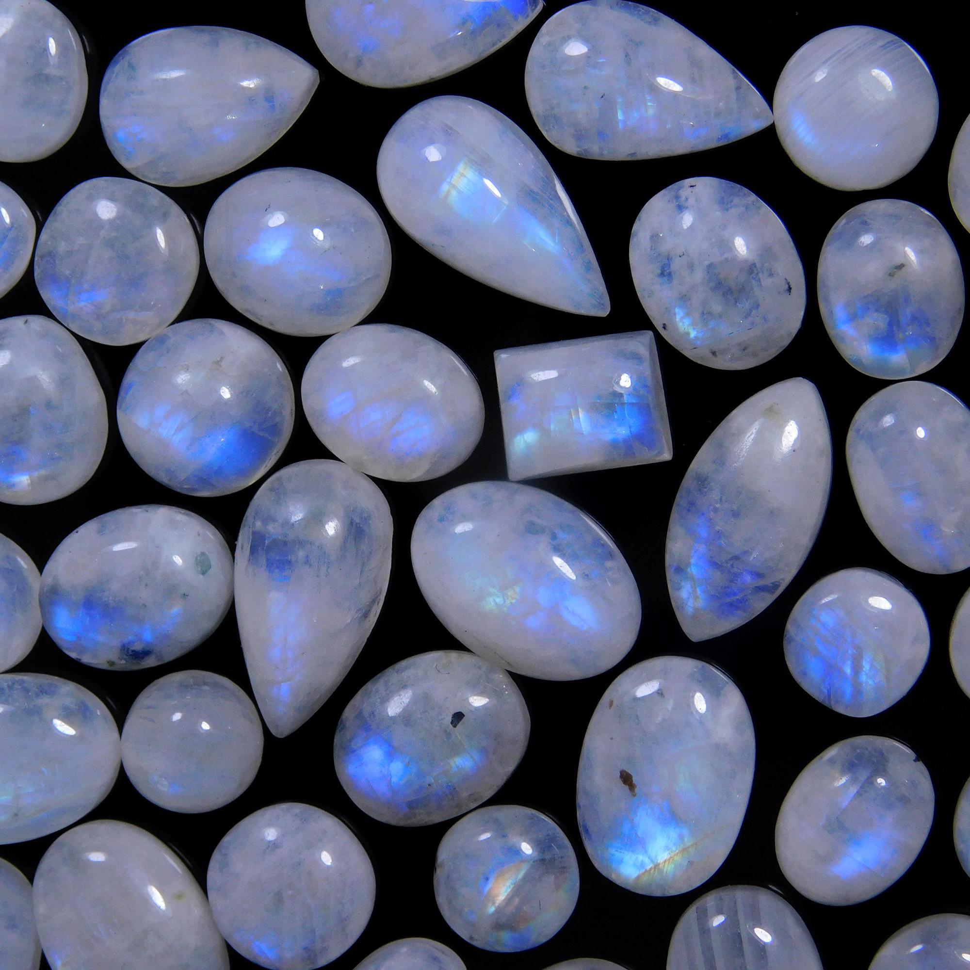 49 Pcs 215 Cts Natural Rainbow Moonstone Gemstone Cabochon Lot 7x9-7x20mm14005