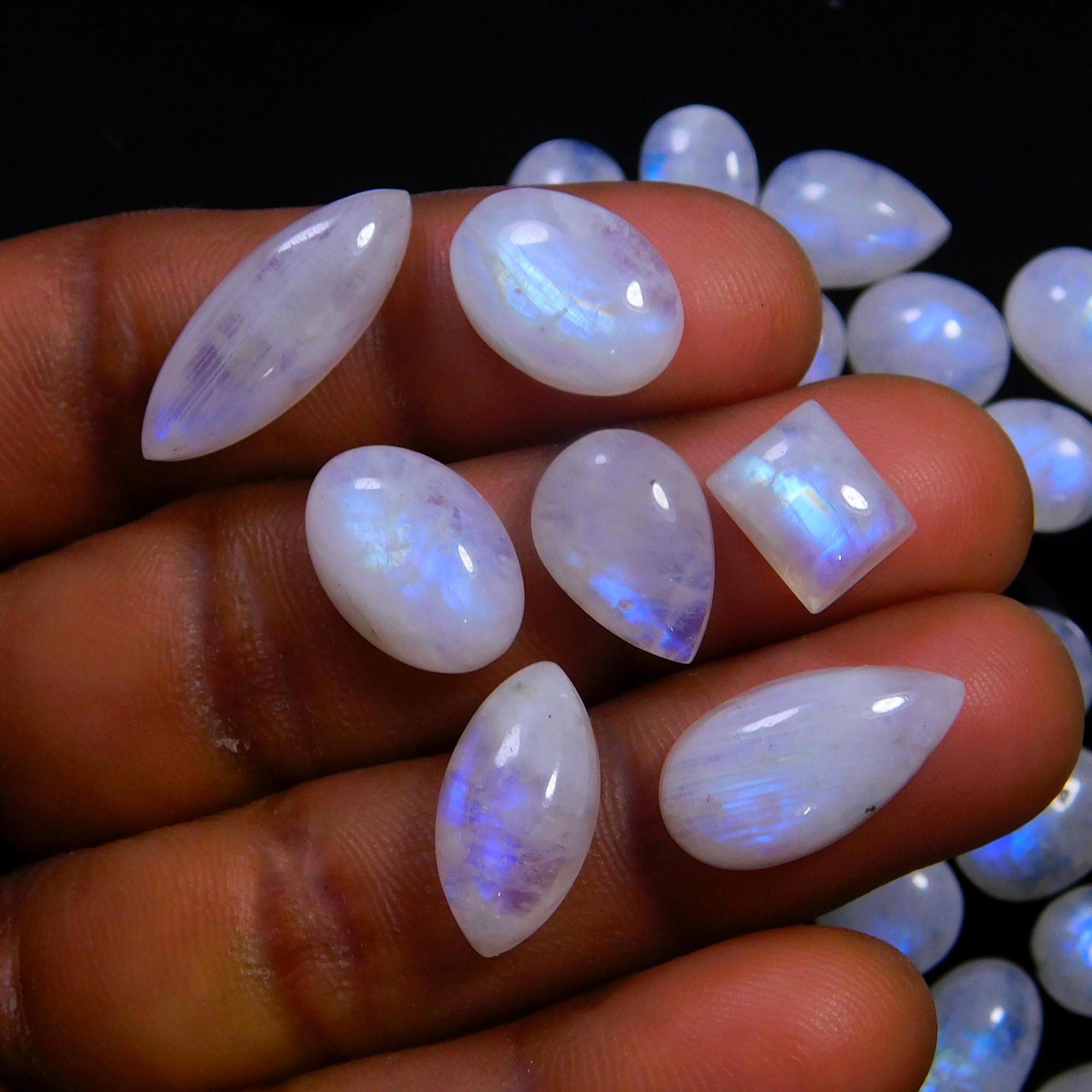 49 Pcs 215 Cts Natural Rainbow Moonstone Gemstone Cabochon Lot 7x9-7x20mm14005