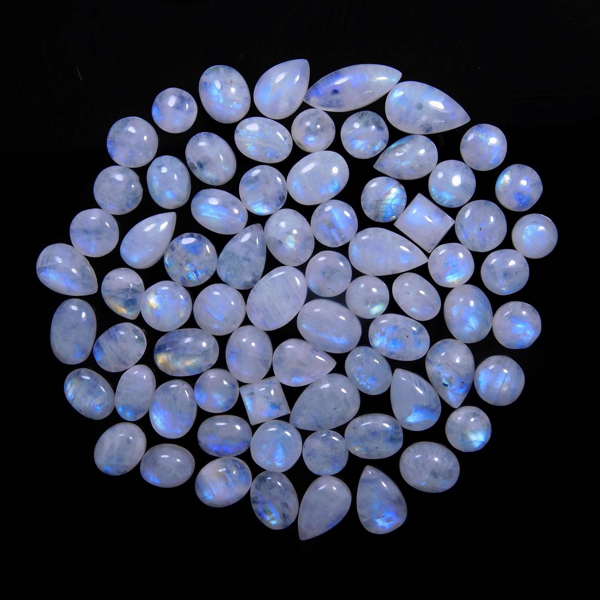 71 Pcs 249 Cts Natural Rainbow Moonstone Gemstone Cabochon Lot 7x9-8x15mm14006