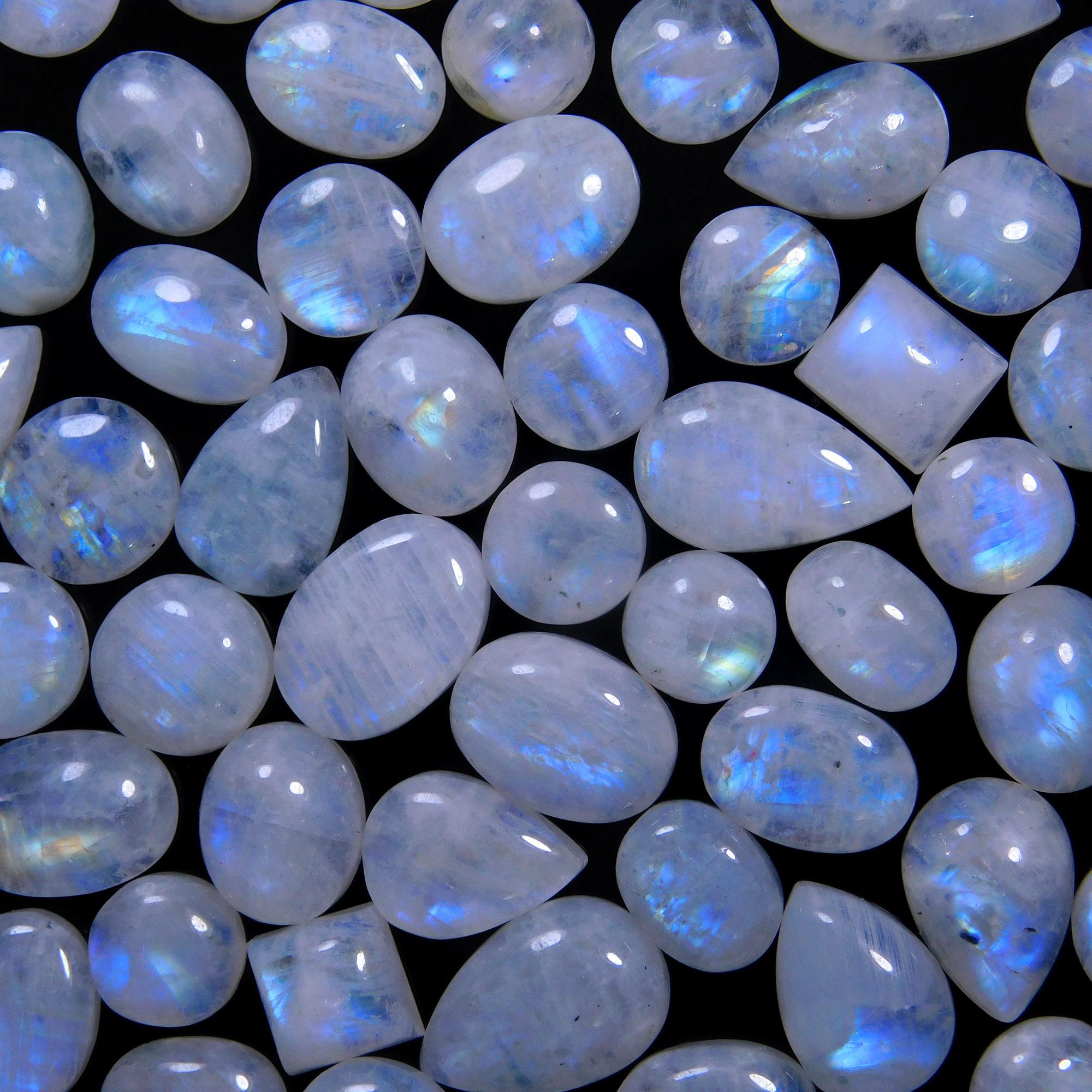 71 Pcs 249 Cts Natural Rainbow Moonstone Gemstone Cabochon Lot 7x9-8x15mm14006