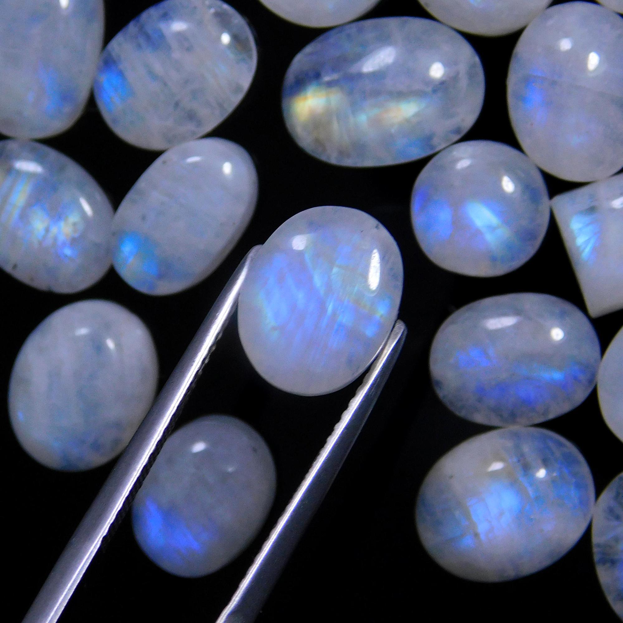 71 Pcs 249 Cts Natural Rainbow Moonstone Gemstone Cabochon Lot 7x9-8x15mm14006