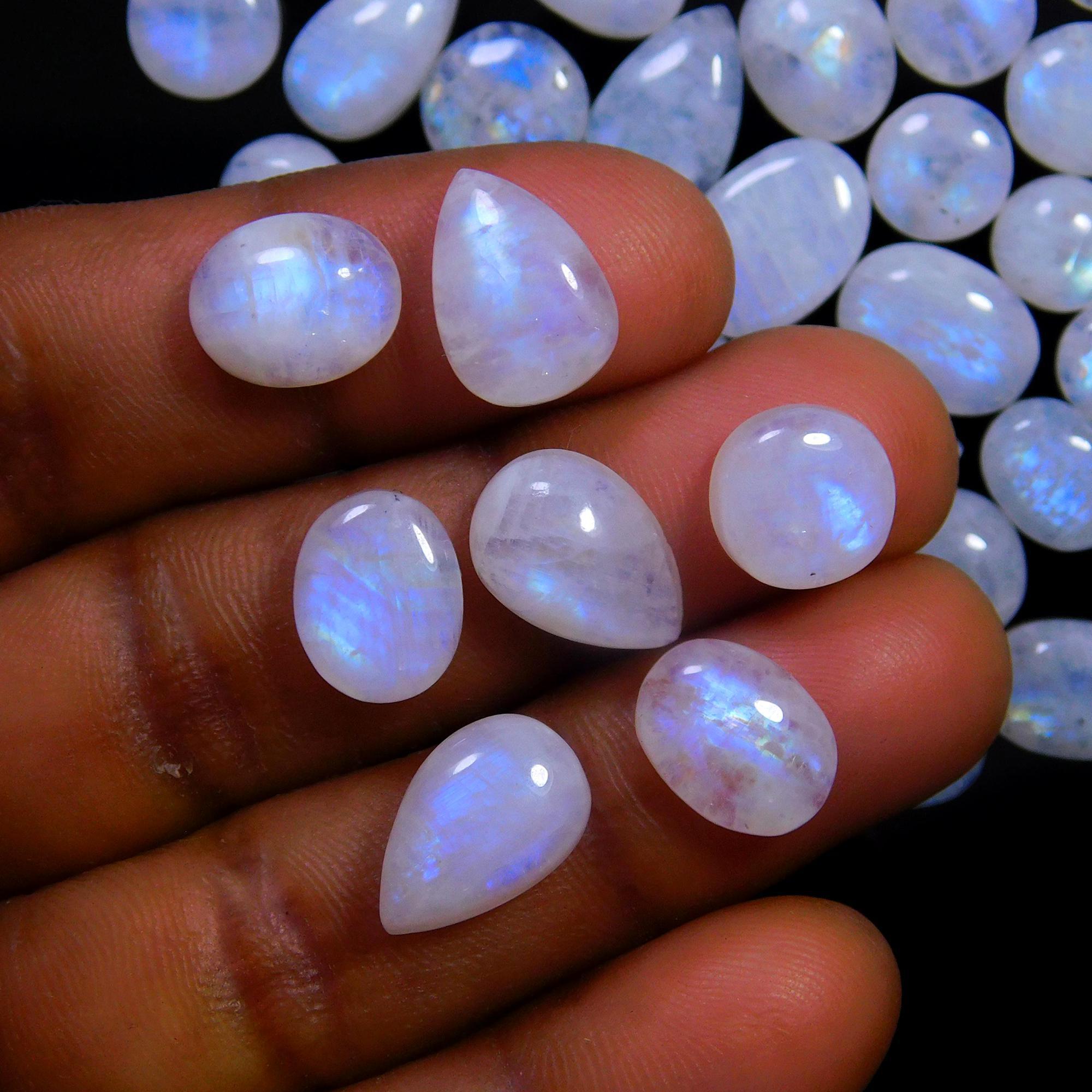 71 Pcs 249 Cts Natural Rainbow Moonstone Gemstone Cabochon Lot 7x9-8x15mm14006