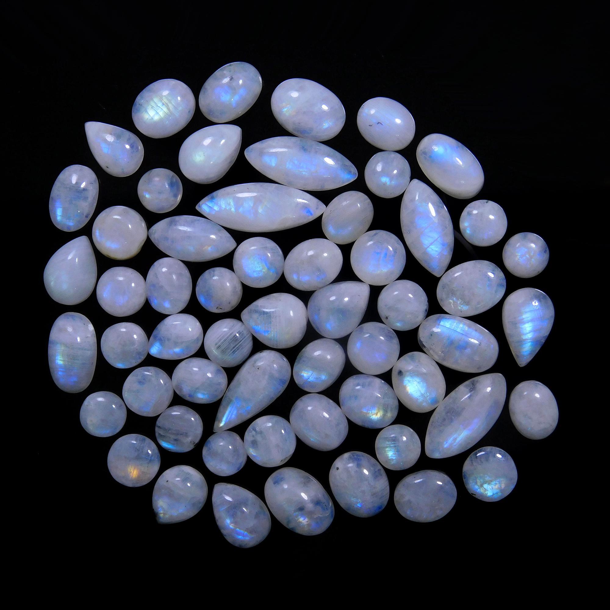 57 Pcs 229 Cts Natural Rainbow Moonstone Gemstone Cabochon Lot 7x9-8x22mm14007