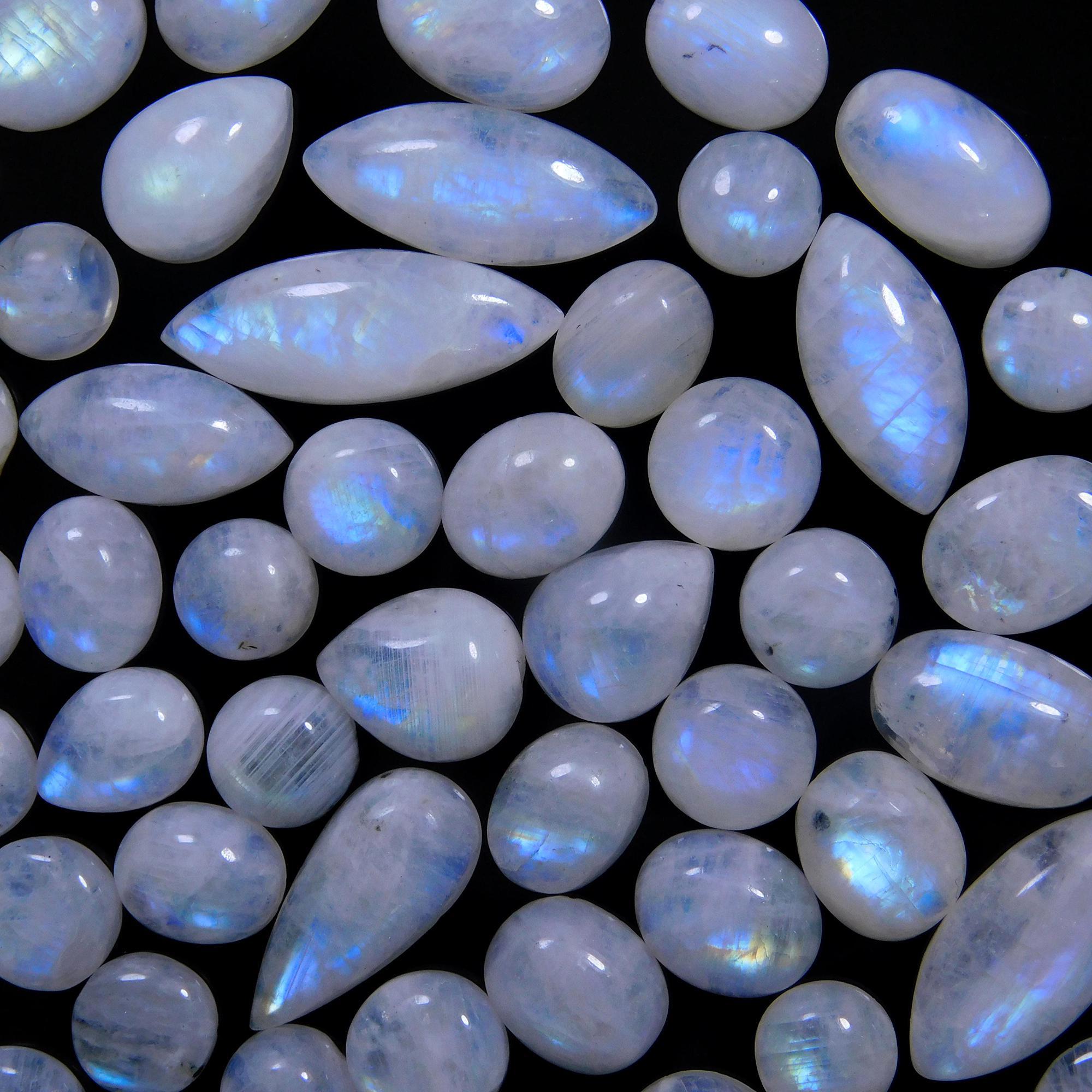57 Pcs 229 Cts Natural Rainbow Moonstone Gemstone Cabochon Lot 7x9-8x22mm14007