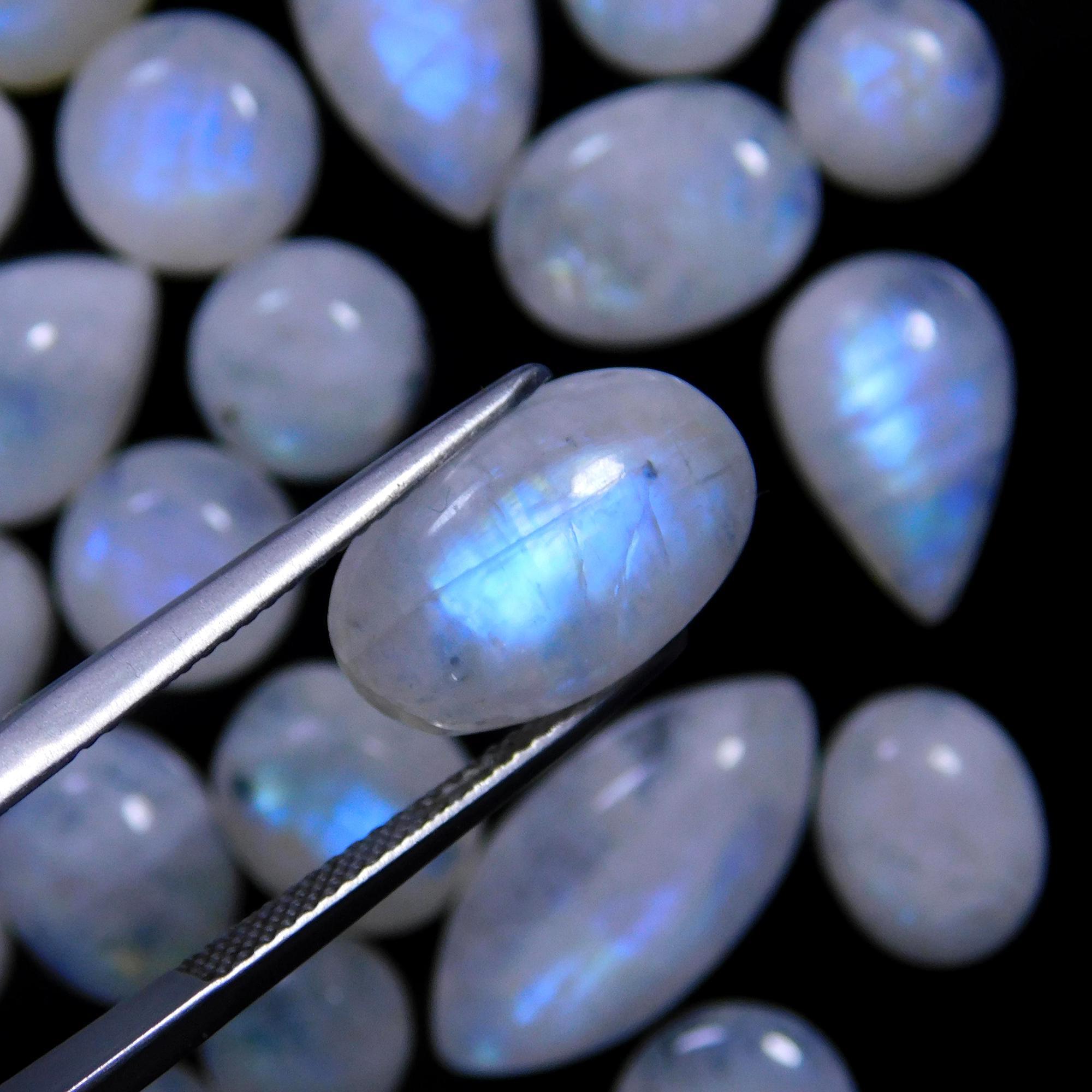 57 Pcs 229 Cts Natural Rainbow Moonstone Gemstone Cabochon Lot 7x9-8x22mm14007