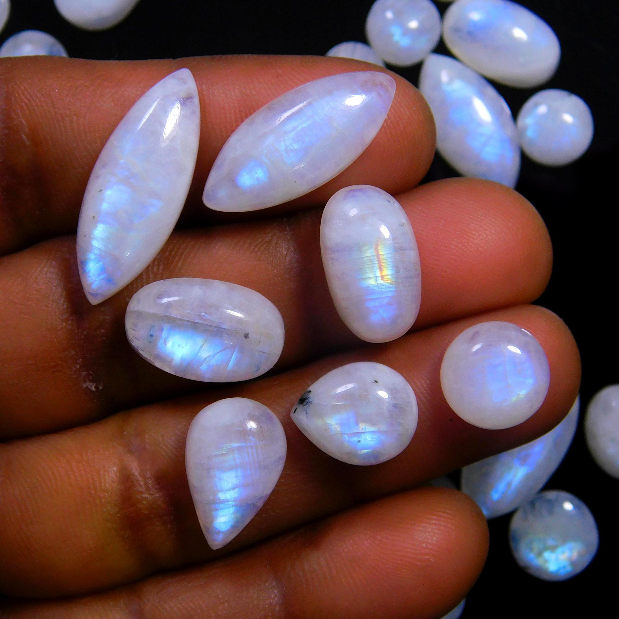57 Pcs 229 Cts Natural Rainbow Moonstone Gemstone Cabochon Lot 7x9-8x22mm14007