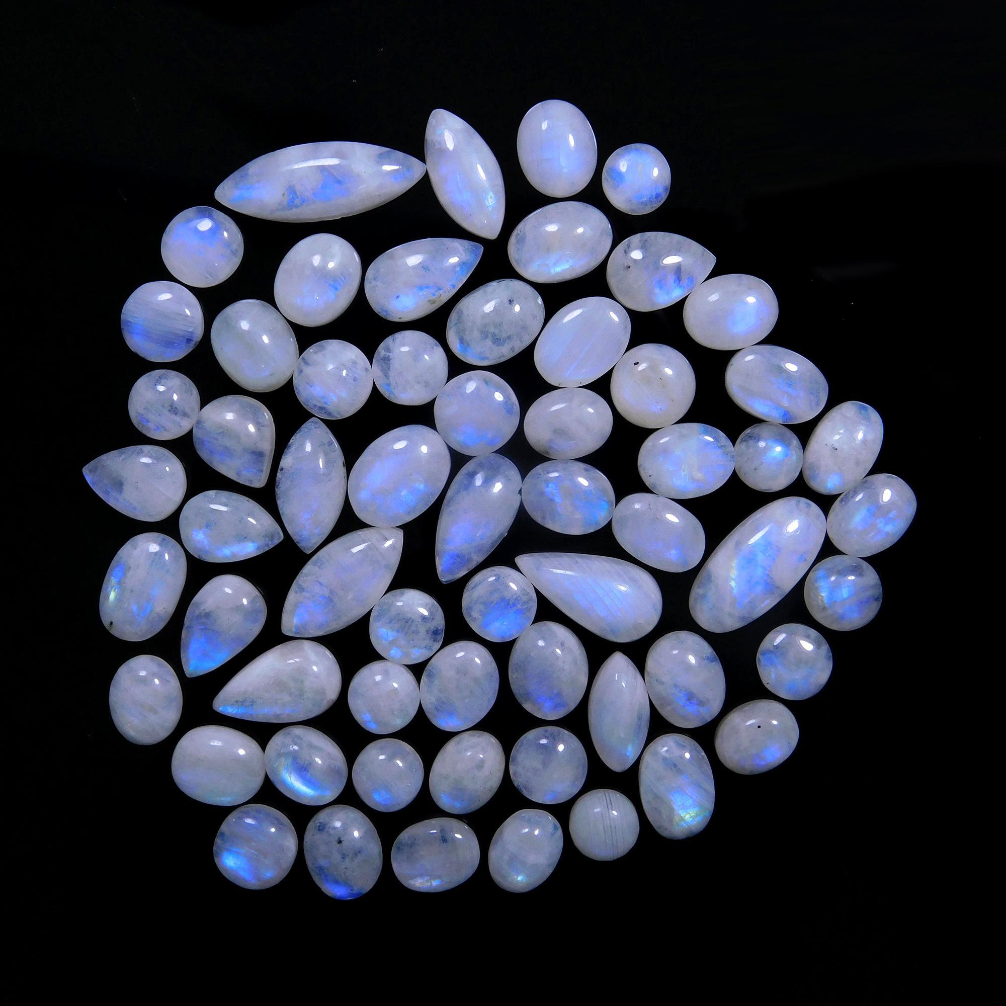 61 Pcs 243 Cts Natural Rainbow Moonstone Gemstone Cabochon Lot 7x9-8x23mm14008