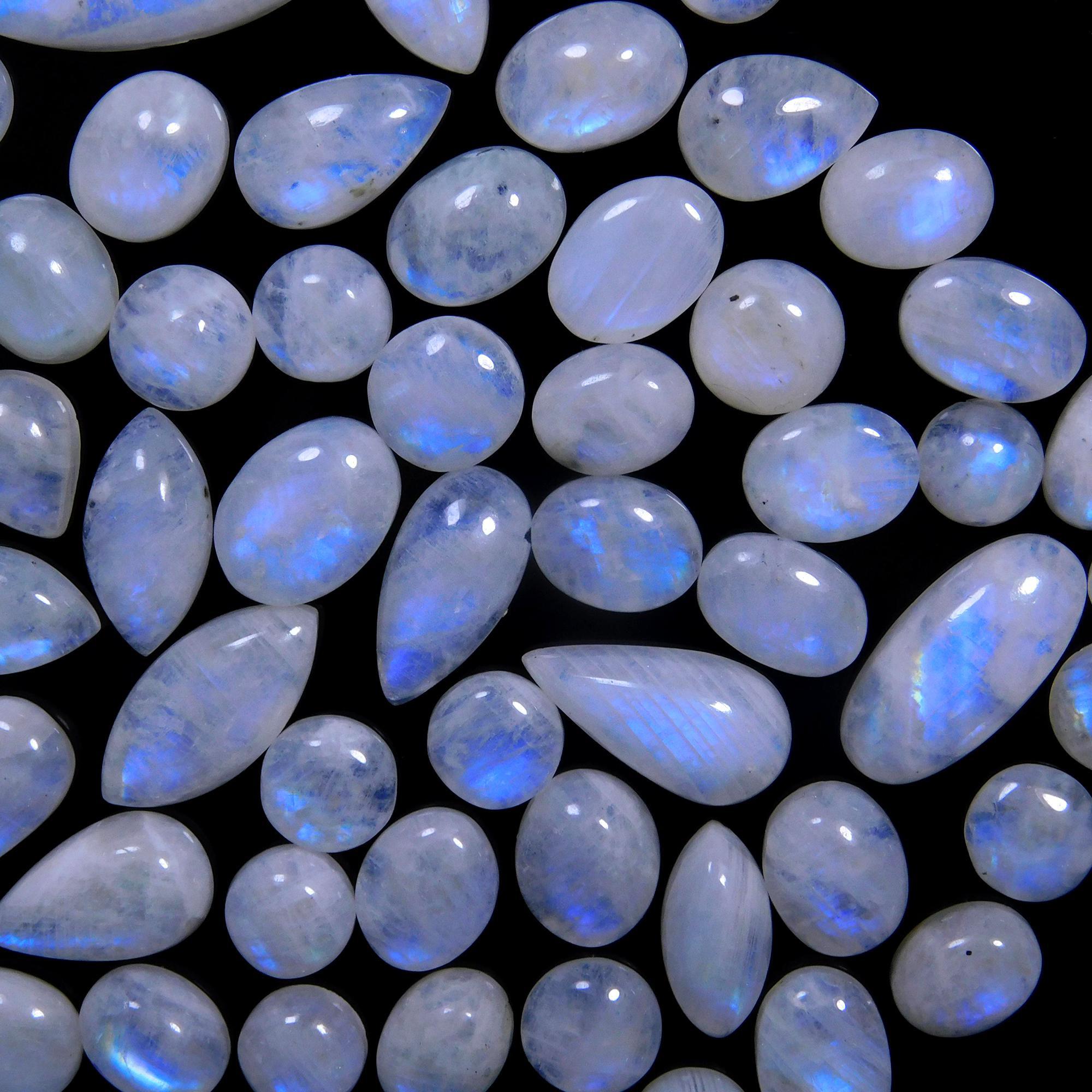 61 Pcs 243 Cts Natural Rainbow Moonstone Gemstone Cabochon Lot 7x9-8x23mm14008