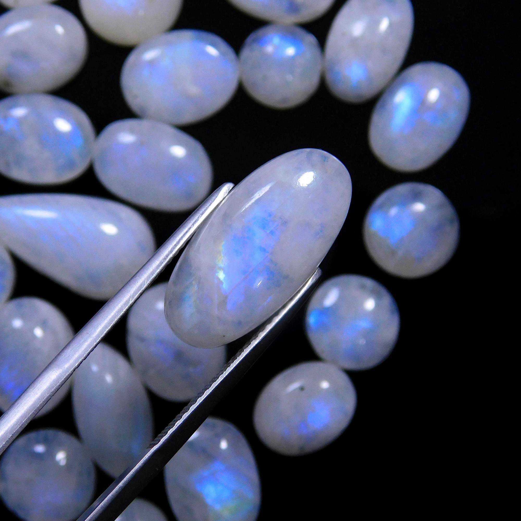 61 Pcs 243 Cts Natural Rainbow Moonstone Gemstone Cabochon Lot 7x9-8x23mm14008