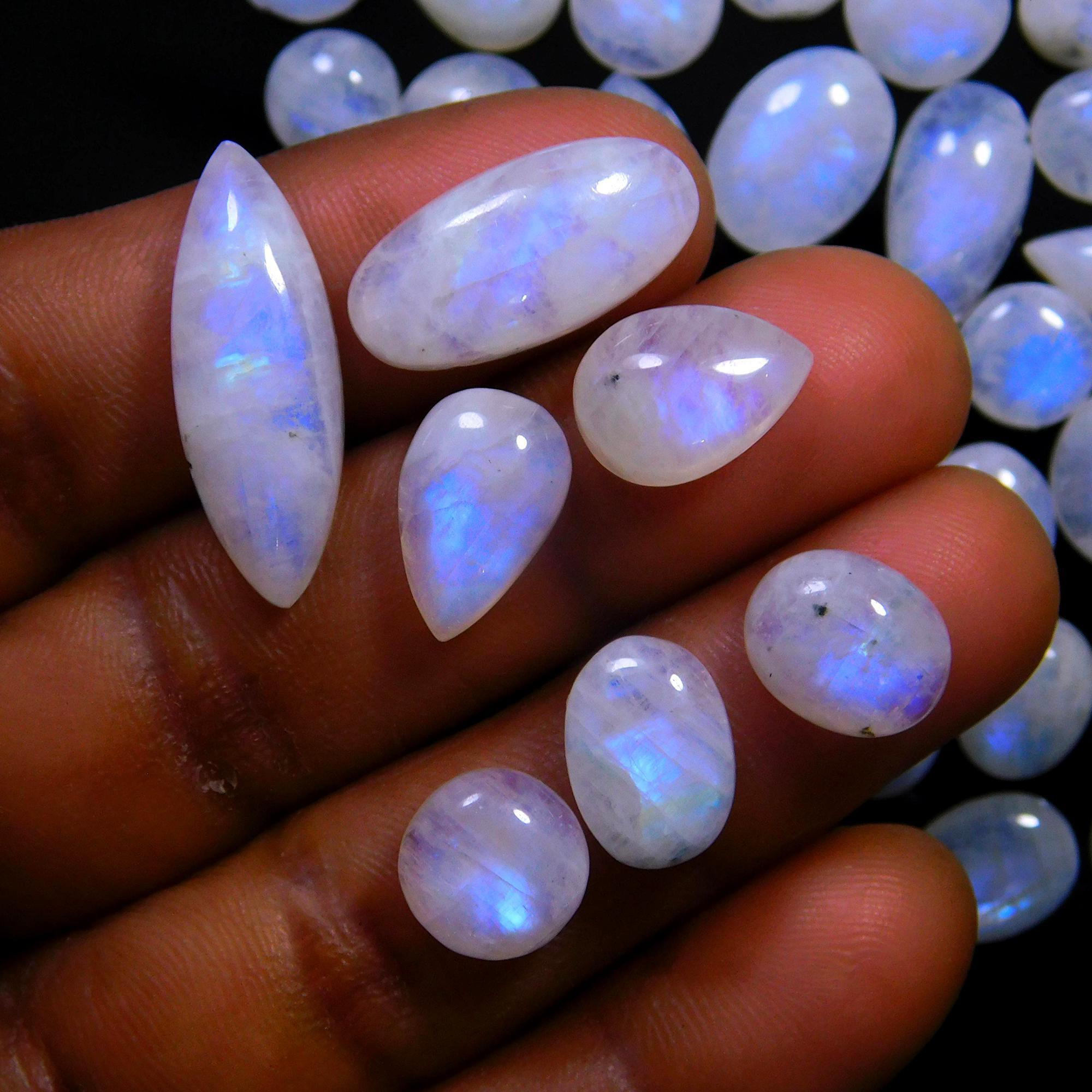 61 Pcs 243 Cts Natural Rainbow Moonstone Gemstone Cabochon Lot 7x9-8x23mm14008