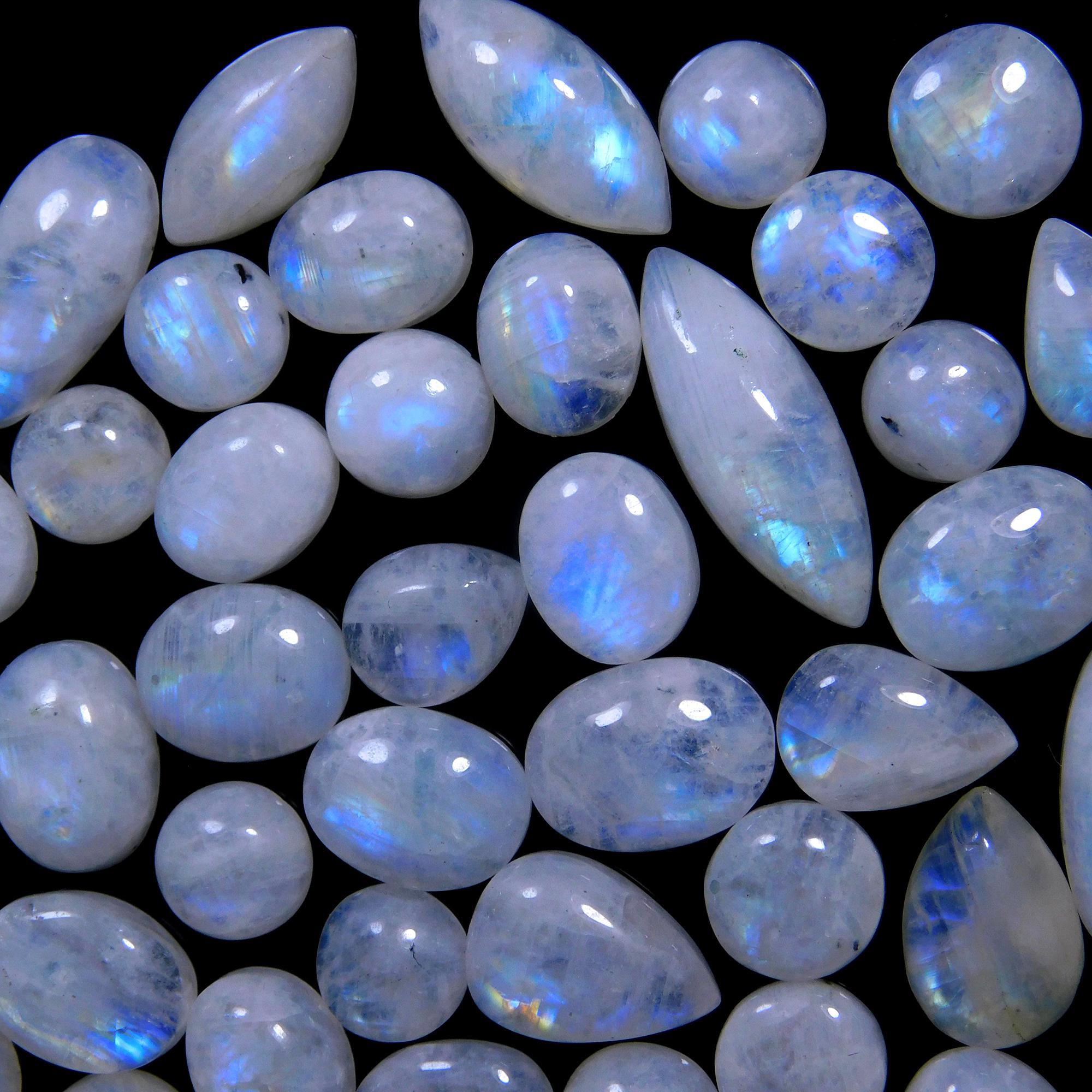 45 Pcs 162 Cts Natural Rainbow Moonstone Gemstone Cabochon Lot 7x9-7x21mm14009