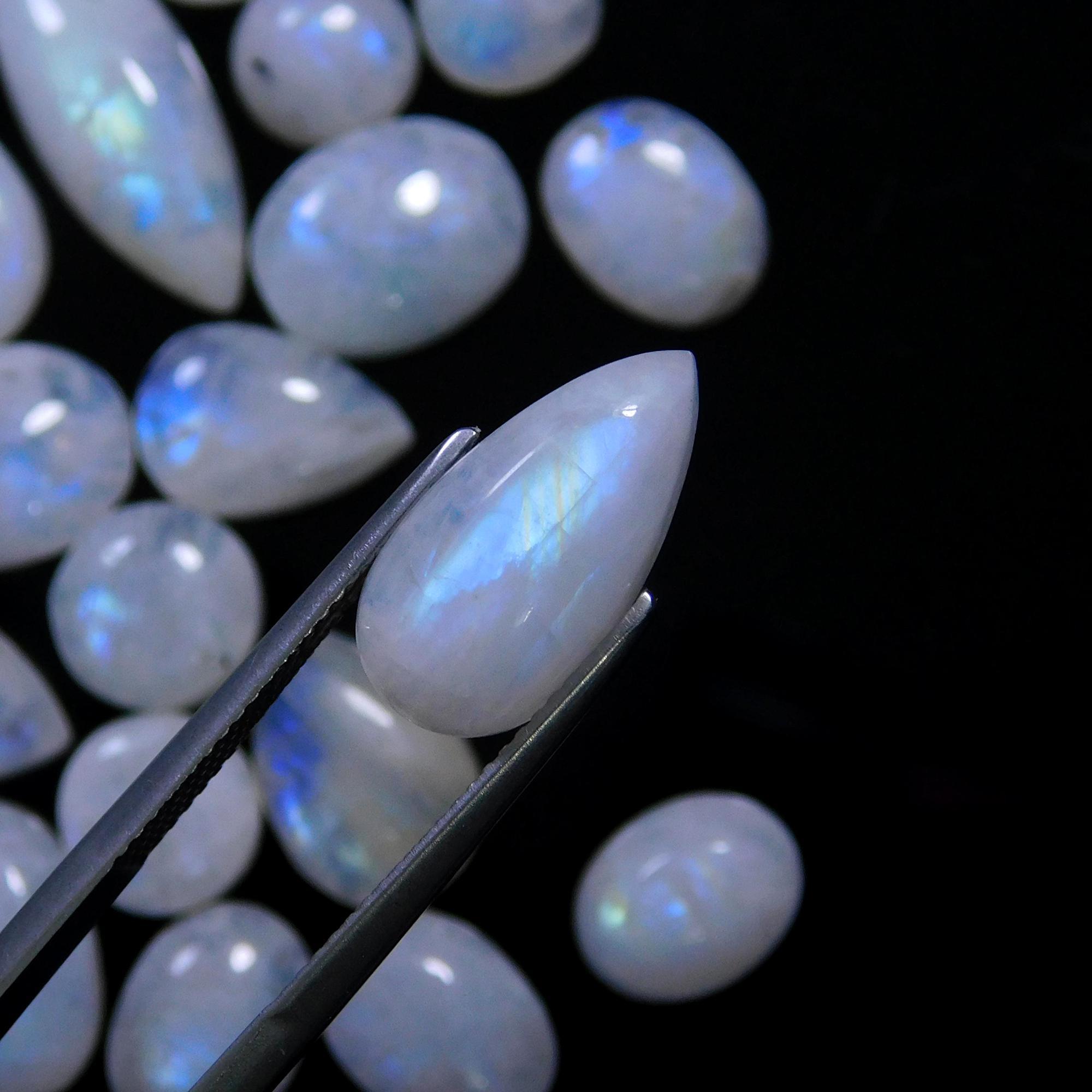 45 Pcs 162 Cts Natural Rainbow Moonstone Gemstone Cabochon Lot 7x9-7x21mm14009