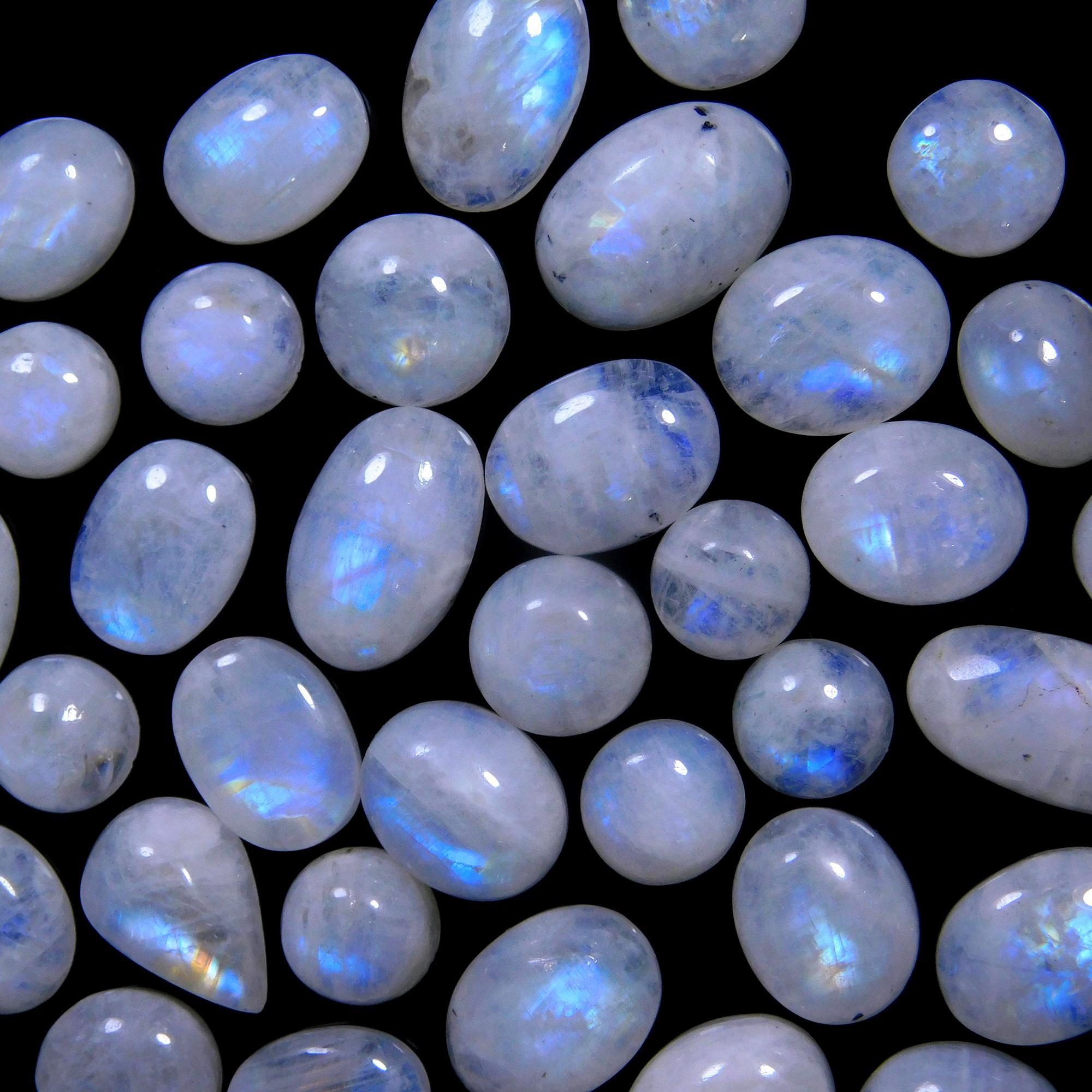 47 Pcs 171 Cts Natural Rainbow Moonstone Gemstone Cabochon Lot 7x9-7x15mm14010
