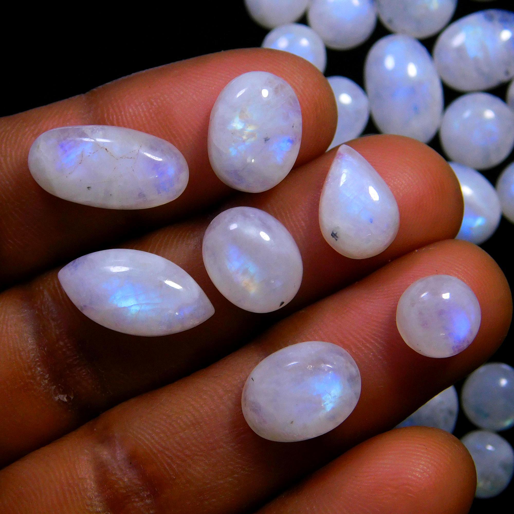47 Pcs 171 Cts Natural Rainbow Moonstone Gemstone Cabochon Lot 7x9-7x15mm14010