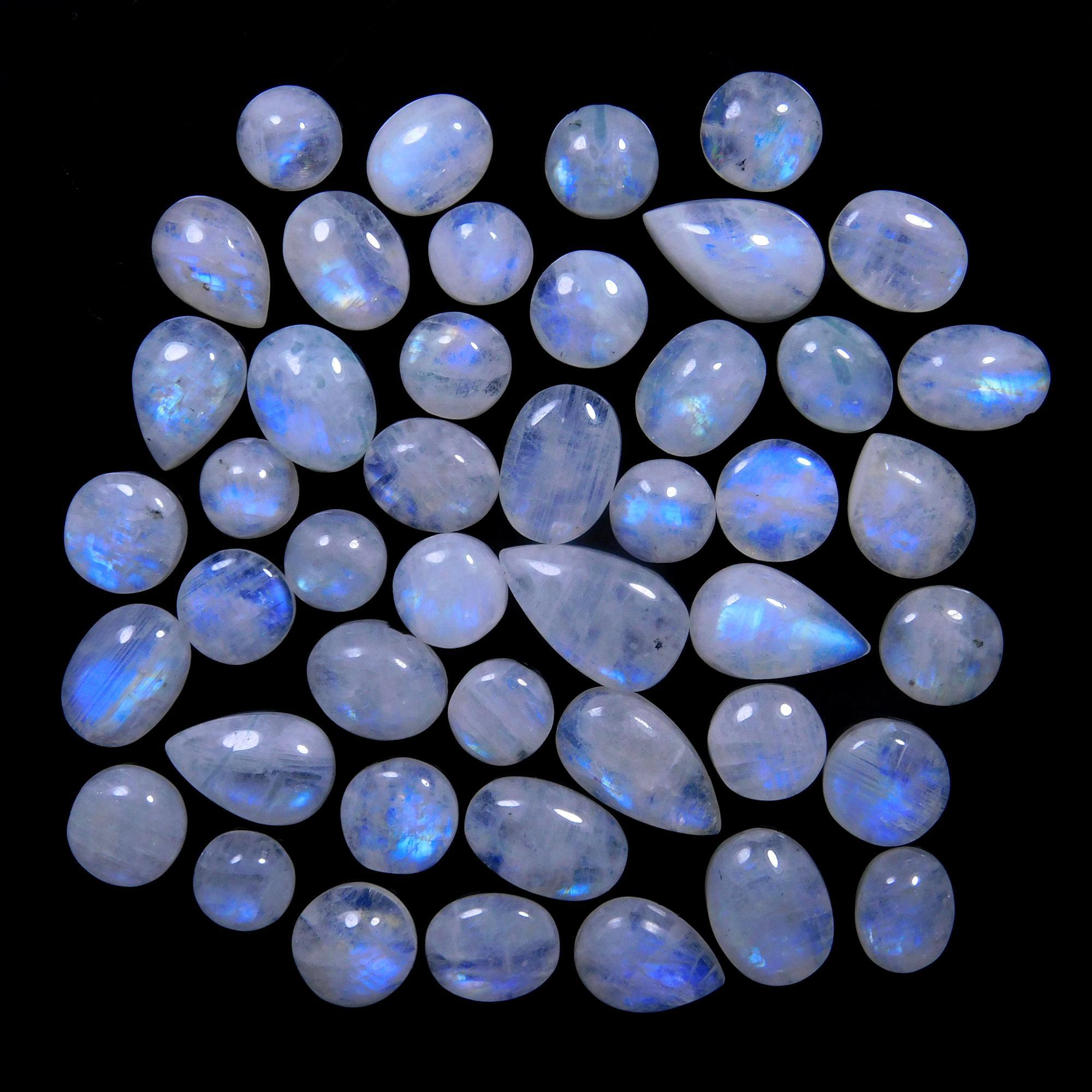 45 Pcs 154 Cts Natural Rainbow Moonstone Gemstone Cabochon Lot 7x9-9x15mm14011