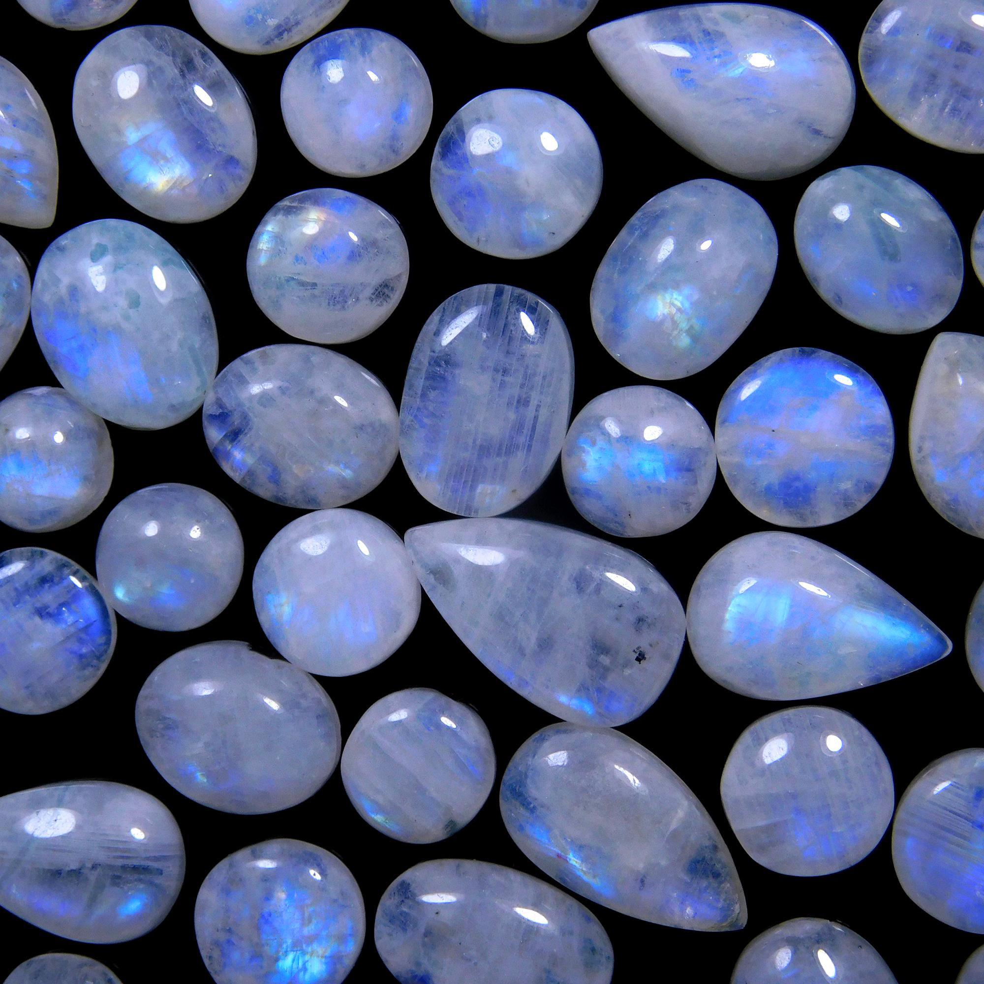 45 Pcs 154 Cts Natural Rainbow Moonstone Gemstone Cabochon Lot 7x9-9x15mm14011