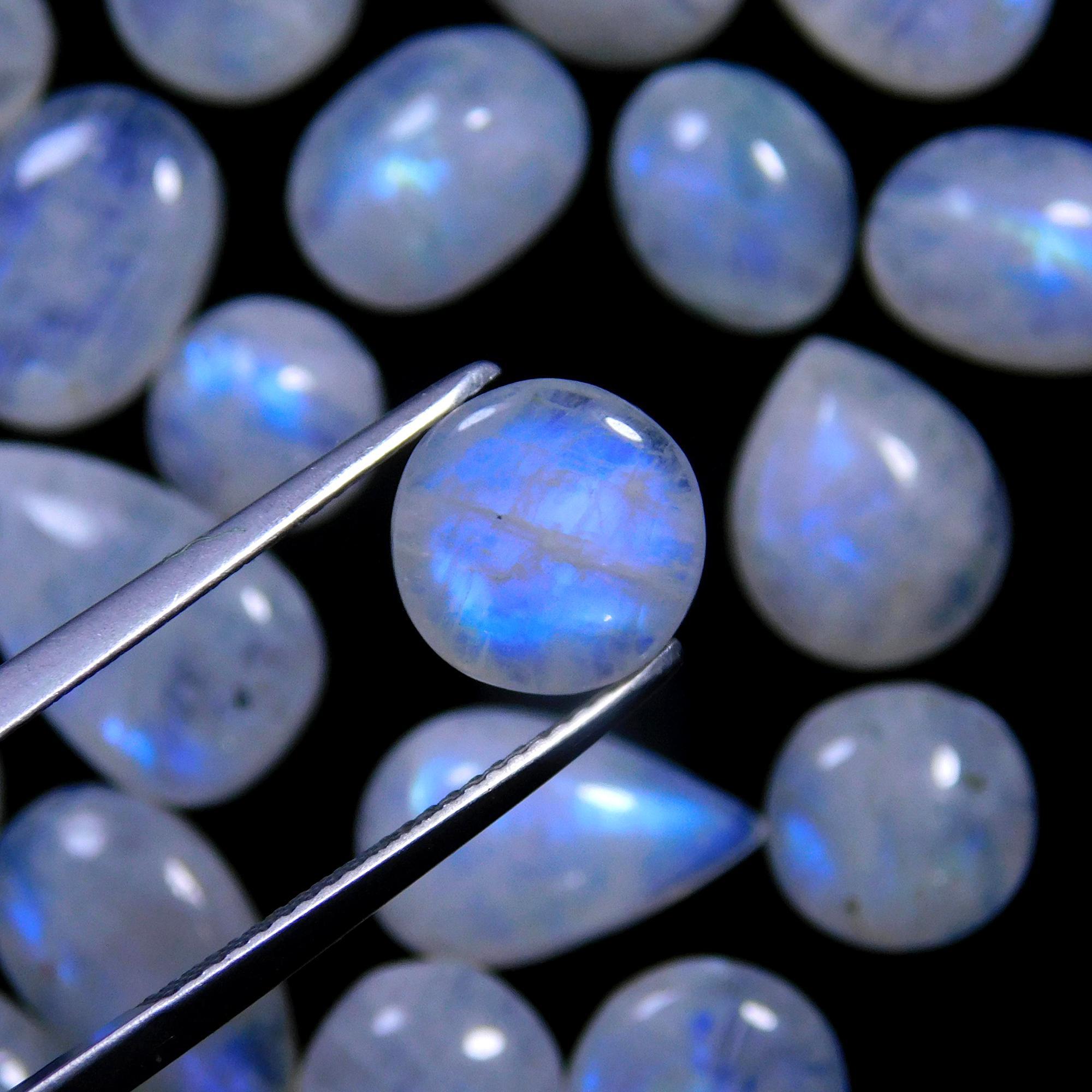 45 Pcs 154 Cts Natural Rainbow Moonstone Gemstone Cabochon Lot 7x9-9x15mm14011