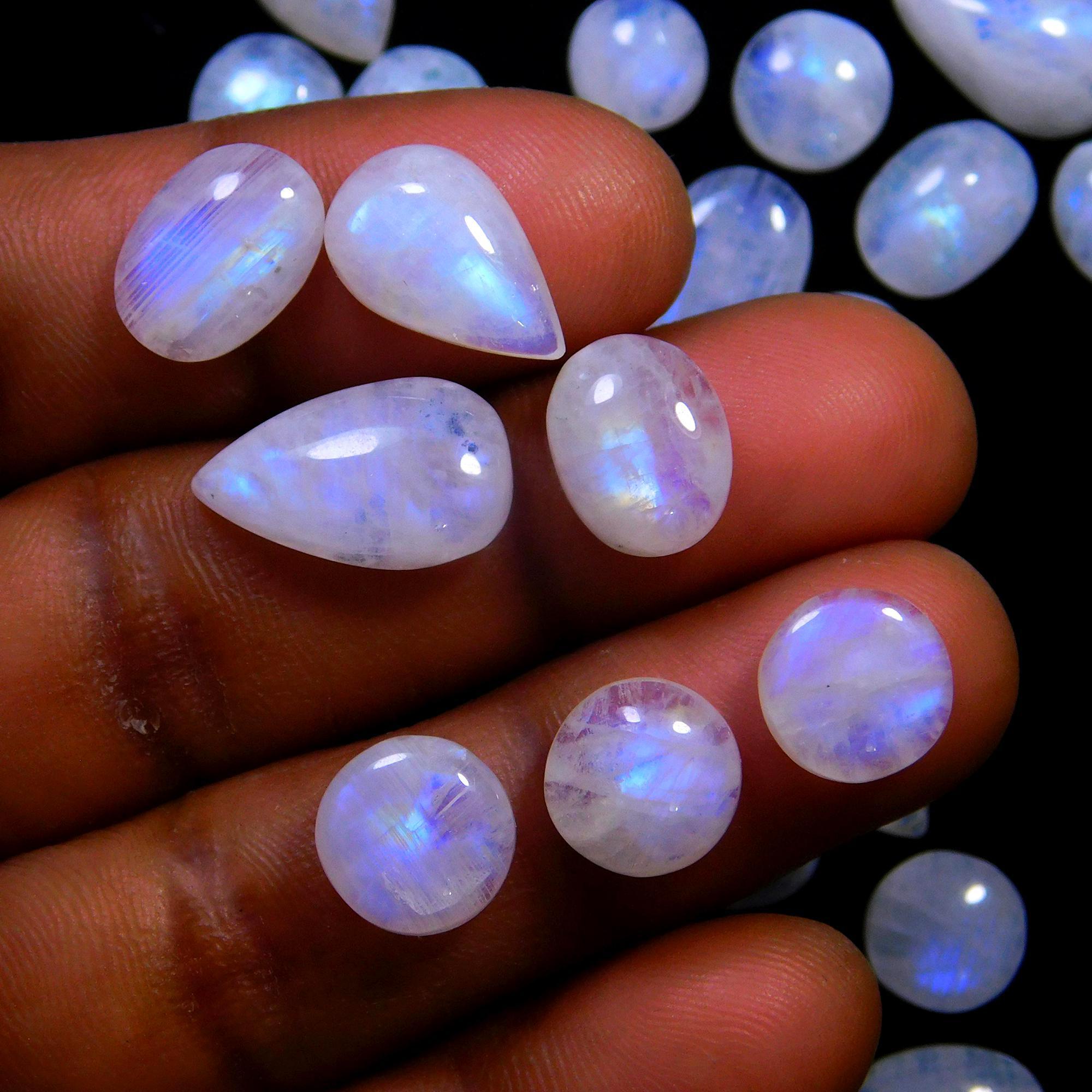 45 Pcs 154 Cts Natural Rainbow Moonstone Gemstone Cabochon Lot 7x9-9x15mm14011
