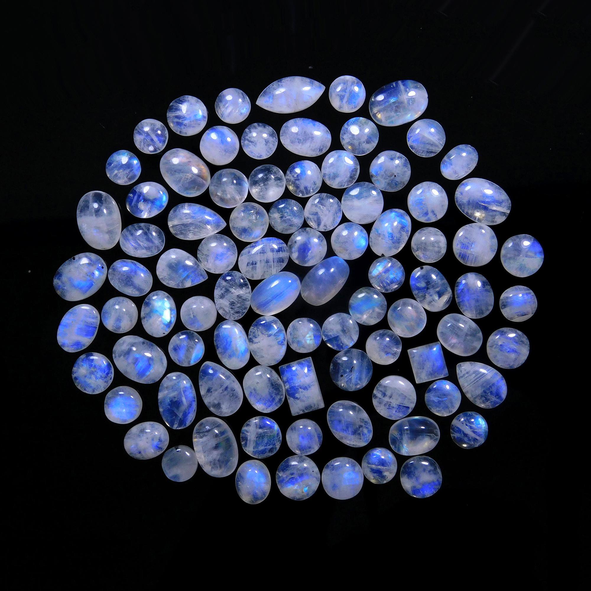 86 Pcs 256 Cts Natural Rainbow Moonstone Gemstone Cabochon Lot 6x8-7x15mm14012