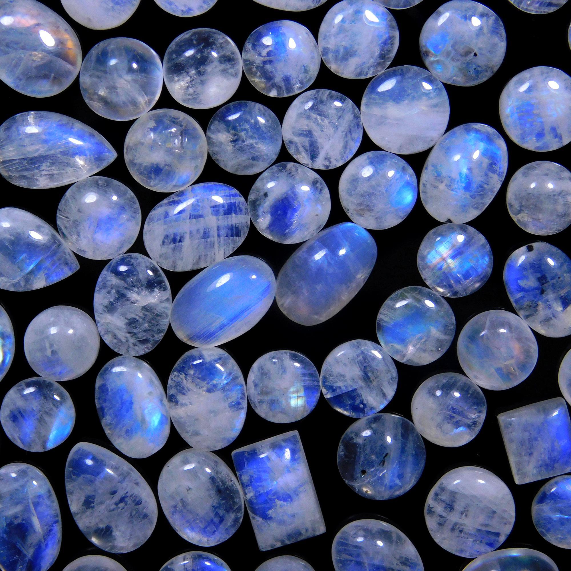 86 Pcs 256 Cts Natural Rainbow Moonstone Gemstone Cabochon Lot 6x8-7x15mm14012