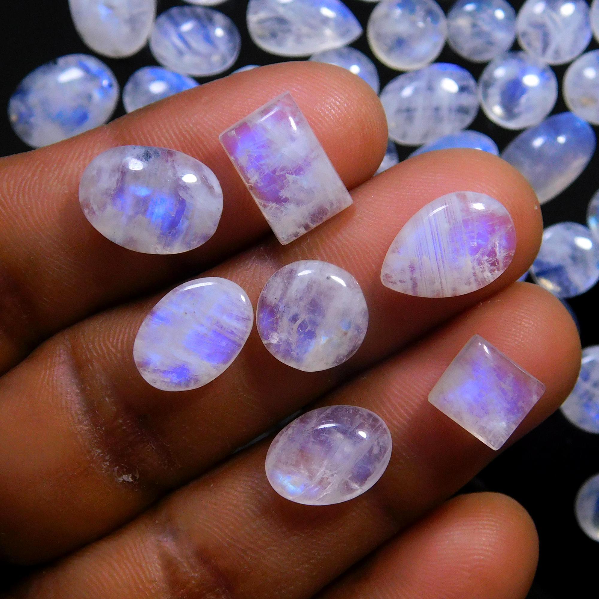 86 Pcs 256 Cts Natural Rainbow Moonstone Gemstone Cabochon Lot 6x8-7x15mmR-14012