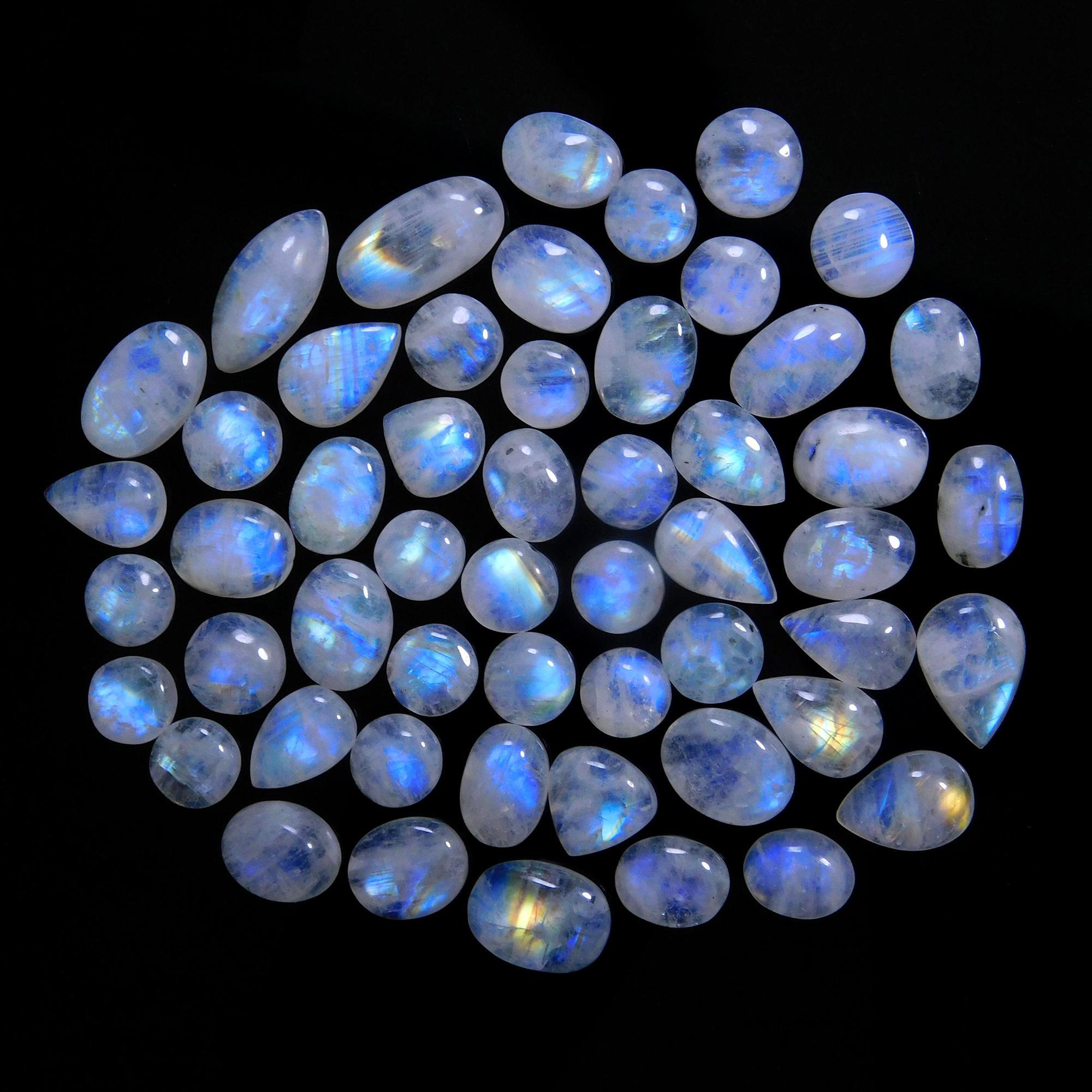 53 Pcs 169 Cts Natural Rainbow Moonstone Gemstone Cabochon Lot 7x9-8x16mm14014