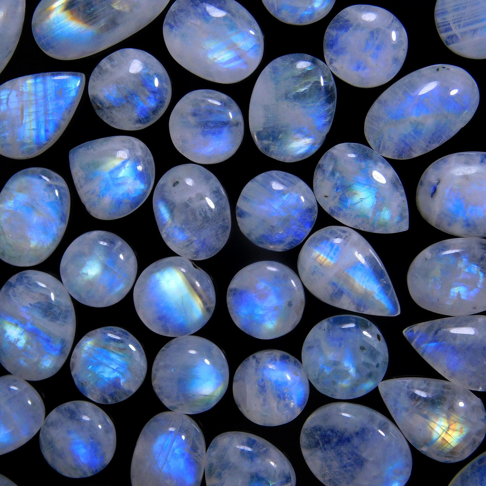 53 Pcs 169 Cts Natural Rainbow Moonstone Gemstone Cabochon Lot 7x9-8x16mm14014