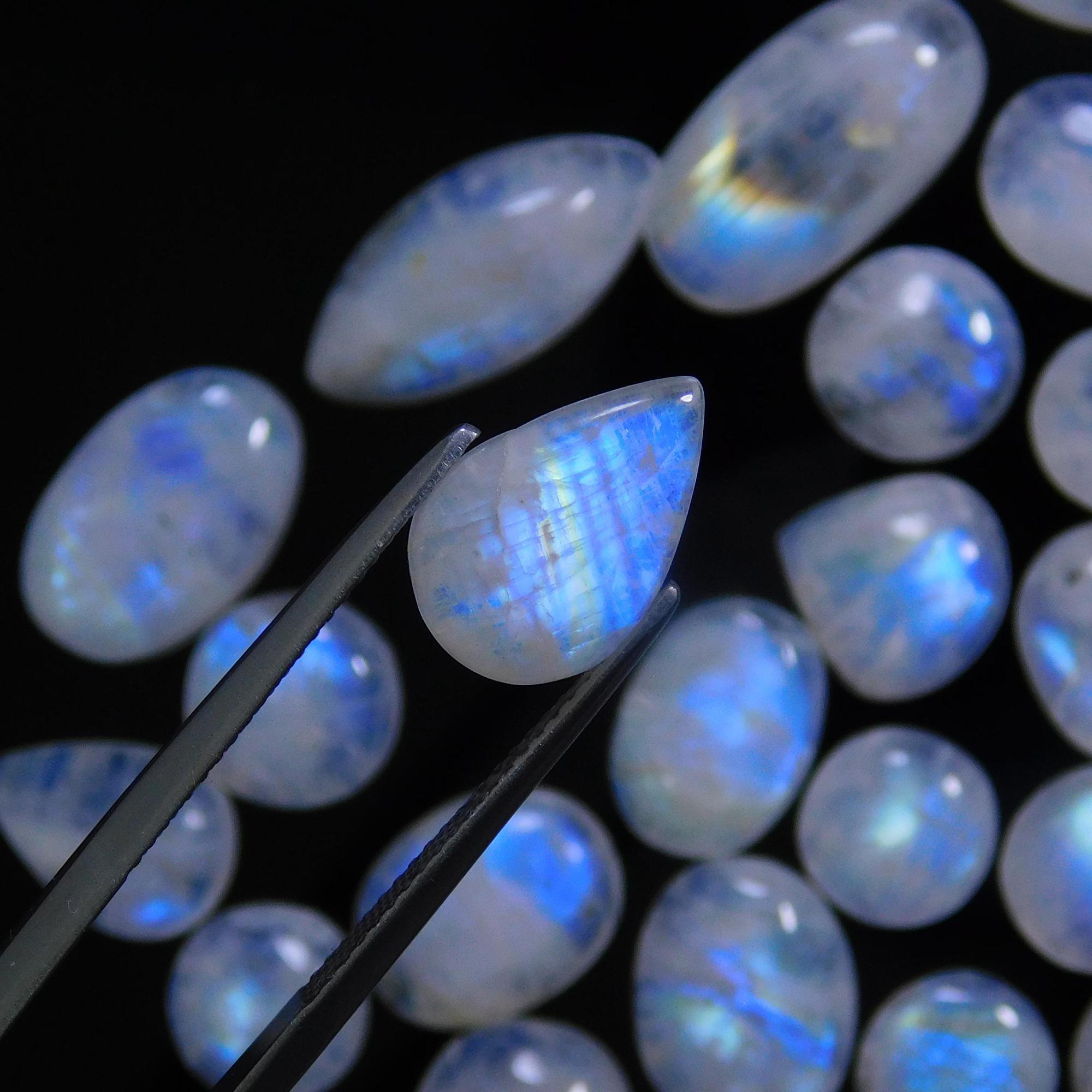 53 Pcs 169 Cts Natural Rainbow Moonstone Gemstone Cabochon Lot 7x9-8x16mm14014