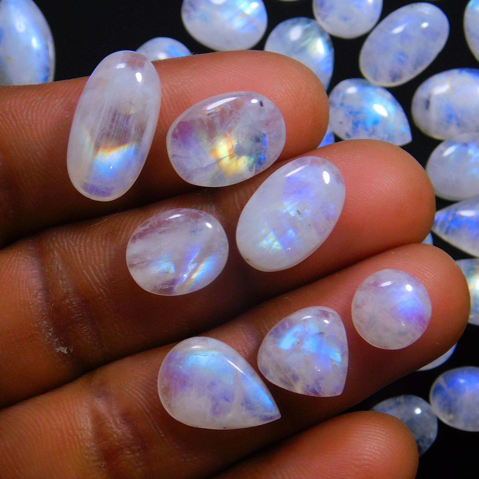 53 Pcs 169 Cts Natural Rainbow Moonstone Gemstone Cabochon Lot 7x9-8x16mm14014