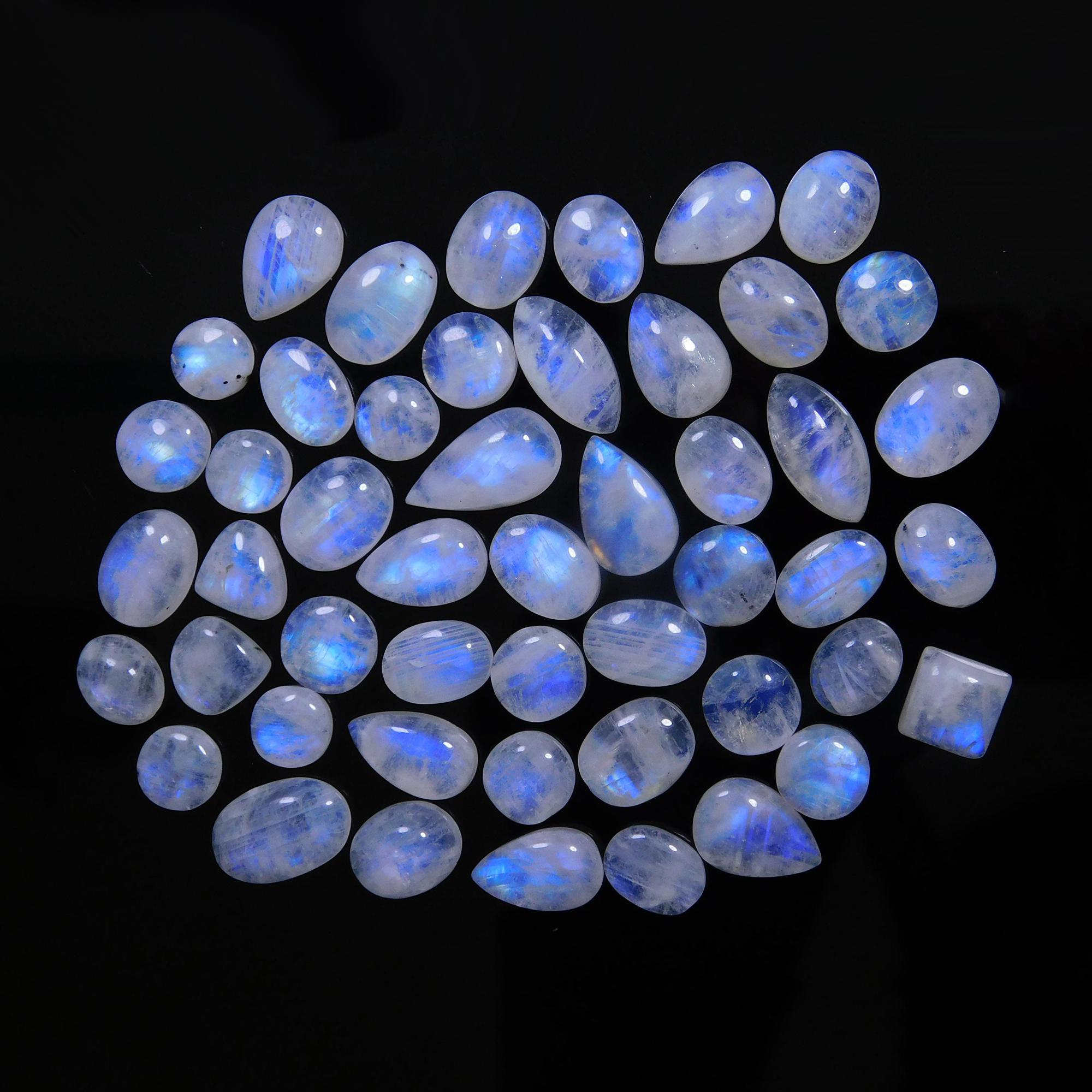 49 Pcs 173 Cts Natural Rainbow Moonstone Gemstone Cabochon Lot 7x9-8x15mm14015