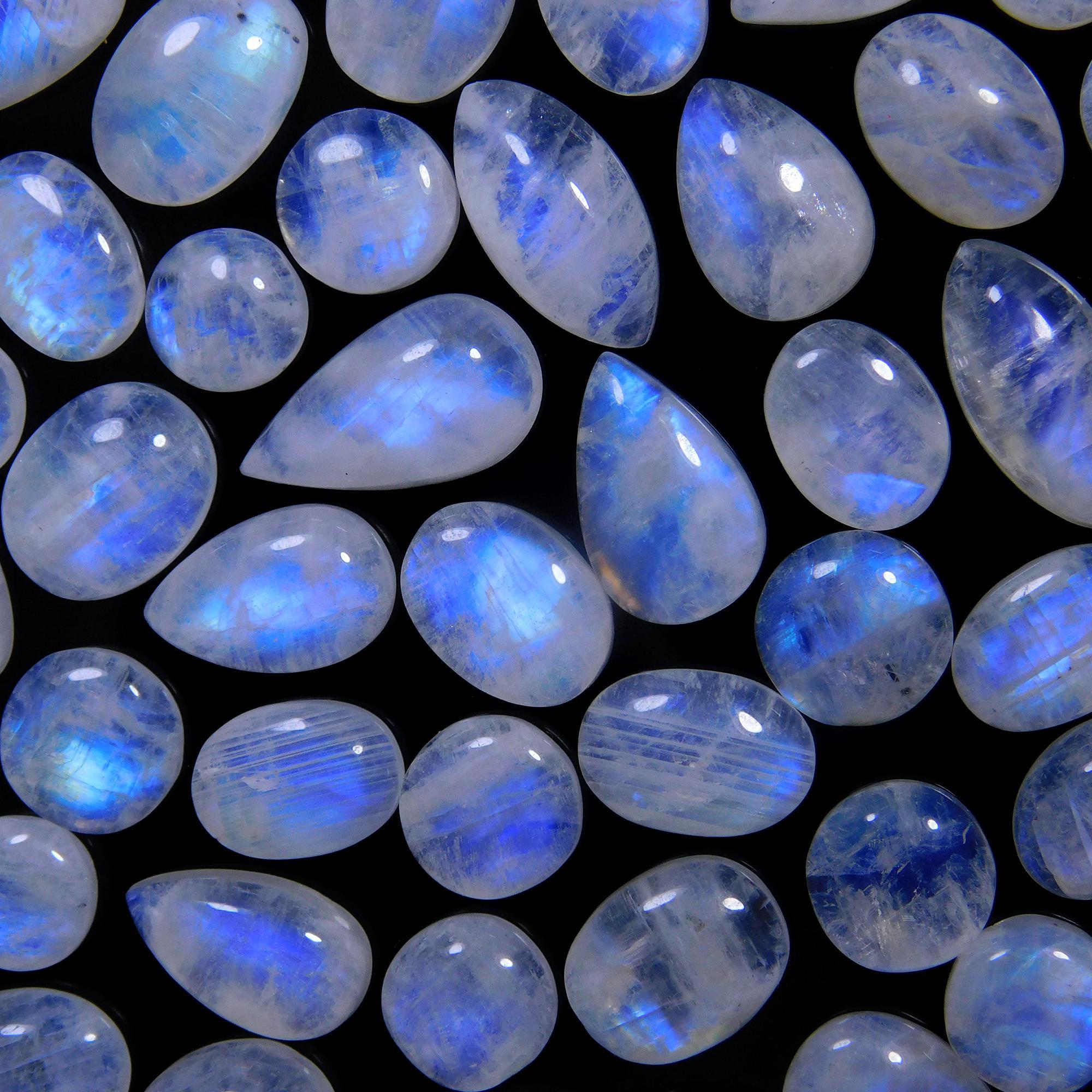 49 Pcs 173 Cts Natural Rainbow Moonstone Gemstone Cabochon Lot 7x9-8x15mm14015