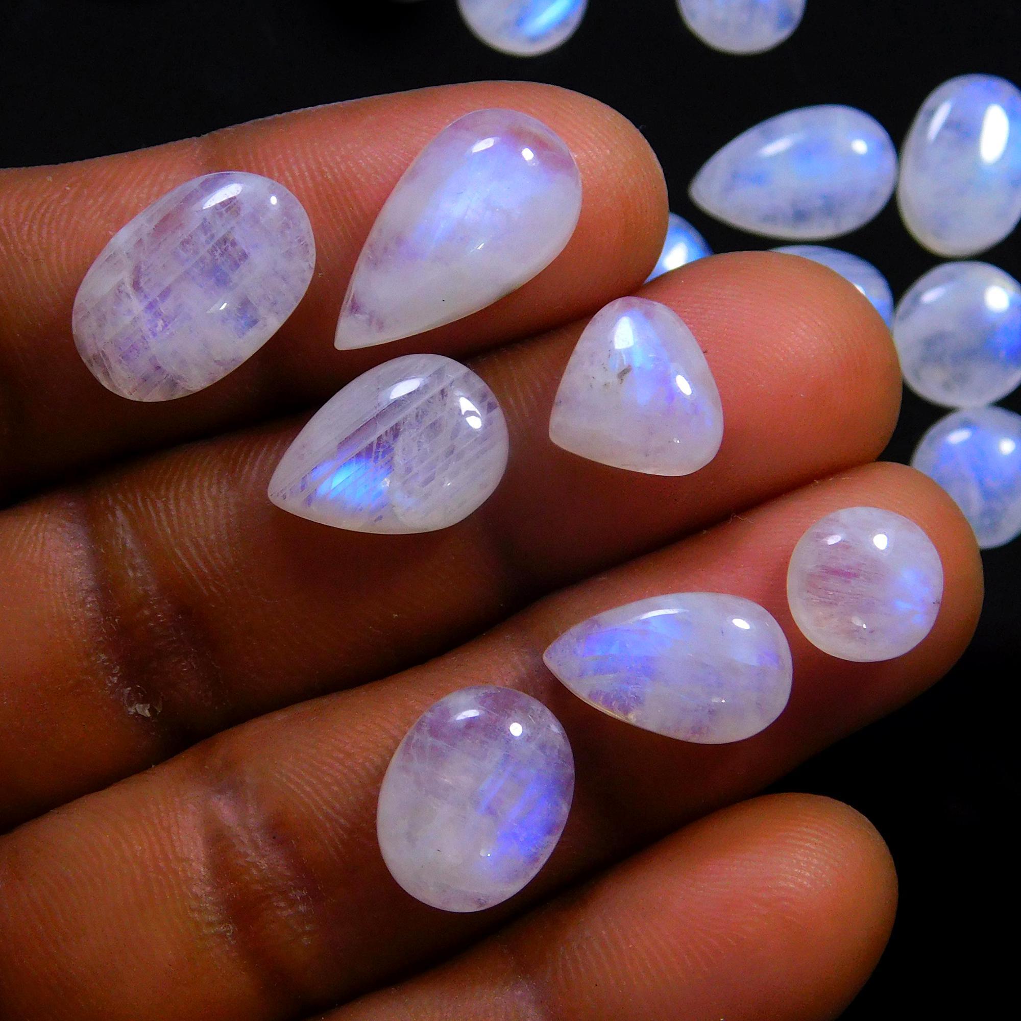 49 Pcs 173 Cts Natural Rainbow Moonstone Gemstone Cabochon Lot 7x9-8x15mm14015