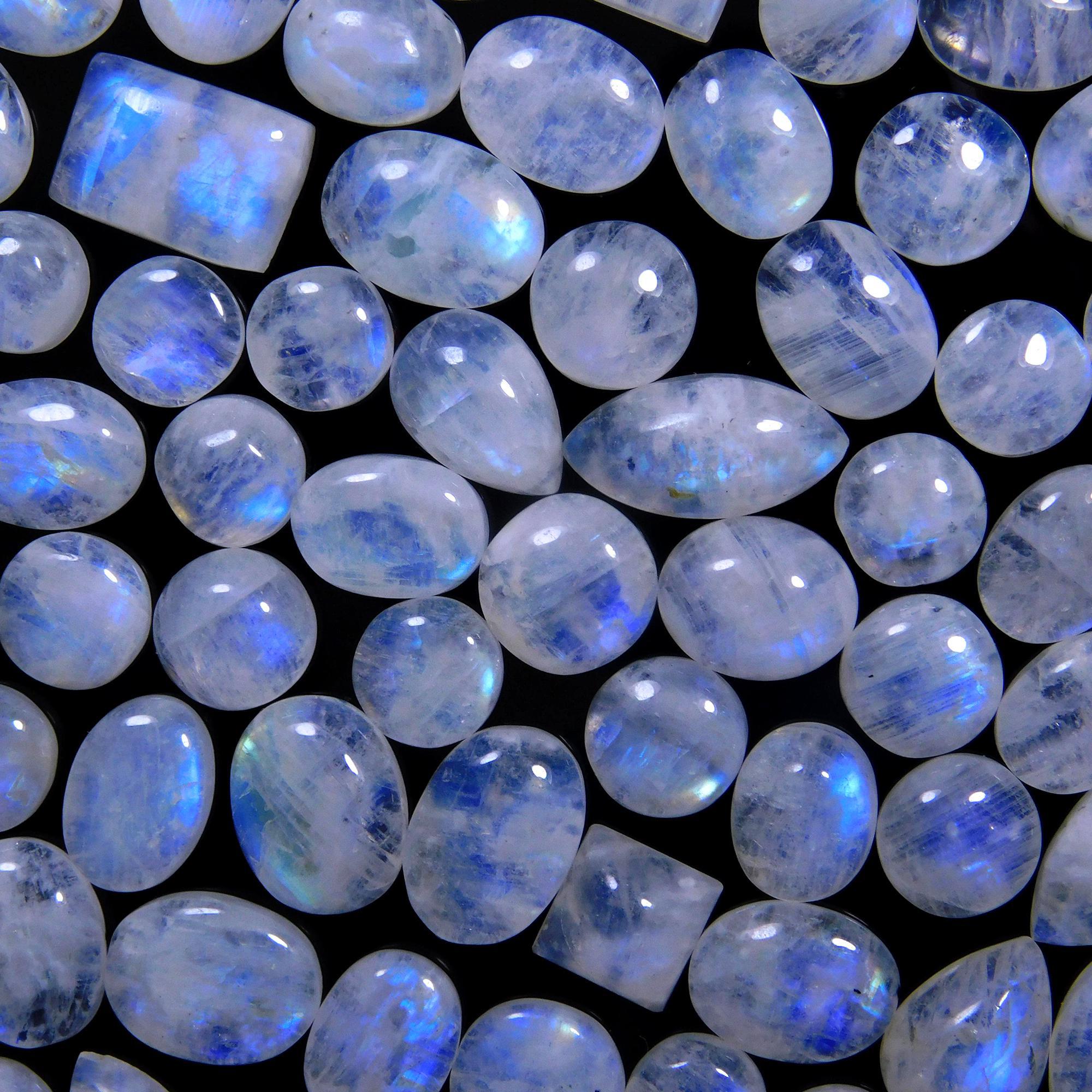 70 Pcs 214 Cts Natural Rainbow Moonstone Gemstone Cabochon Lot 7x9-7x16mmR-14016