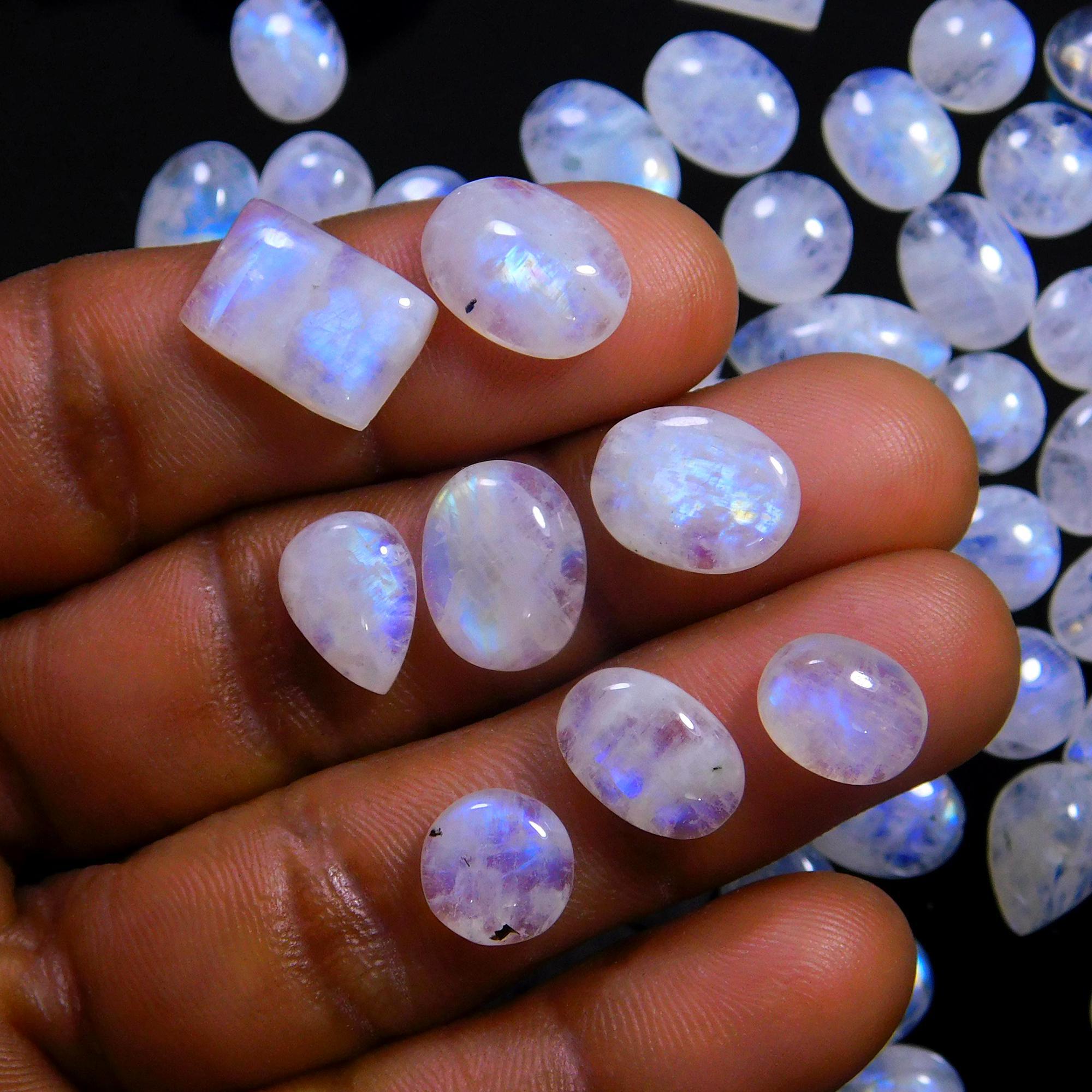 70 Pcs 214 Cts Natural Rainbow Moonstone Gemstone Cabochon Lot 7x9-7x16mmR-14016