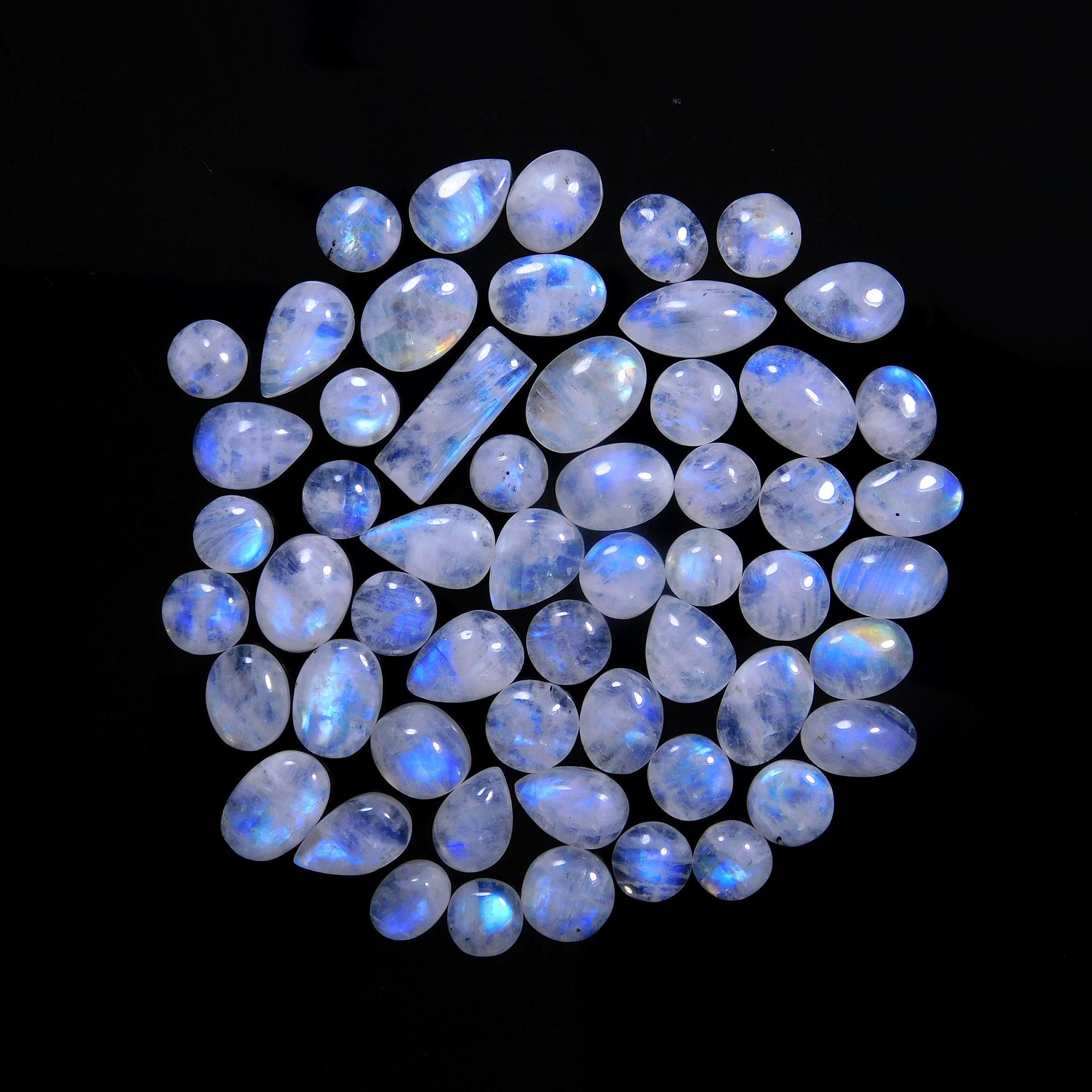 56 Pcs 185 Cts Natural Rainbow Moonstone Gemstone Cabochon Lot 7x9-6x18mm14017