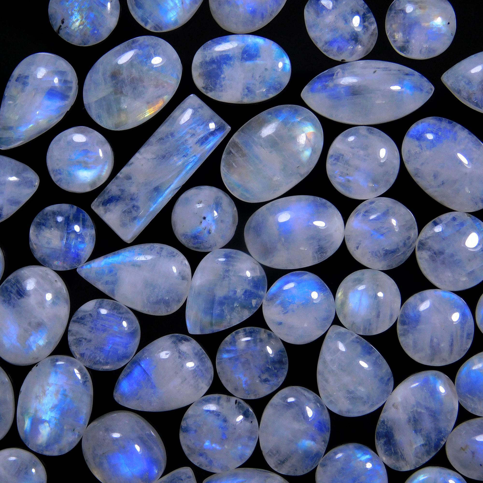 56 Pcs 185 Cts Natural Rainbow Moonstone Gemstone Cabochon Lot 7x9-6x18mm14017