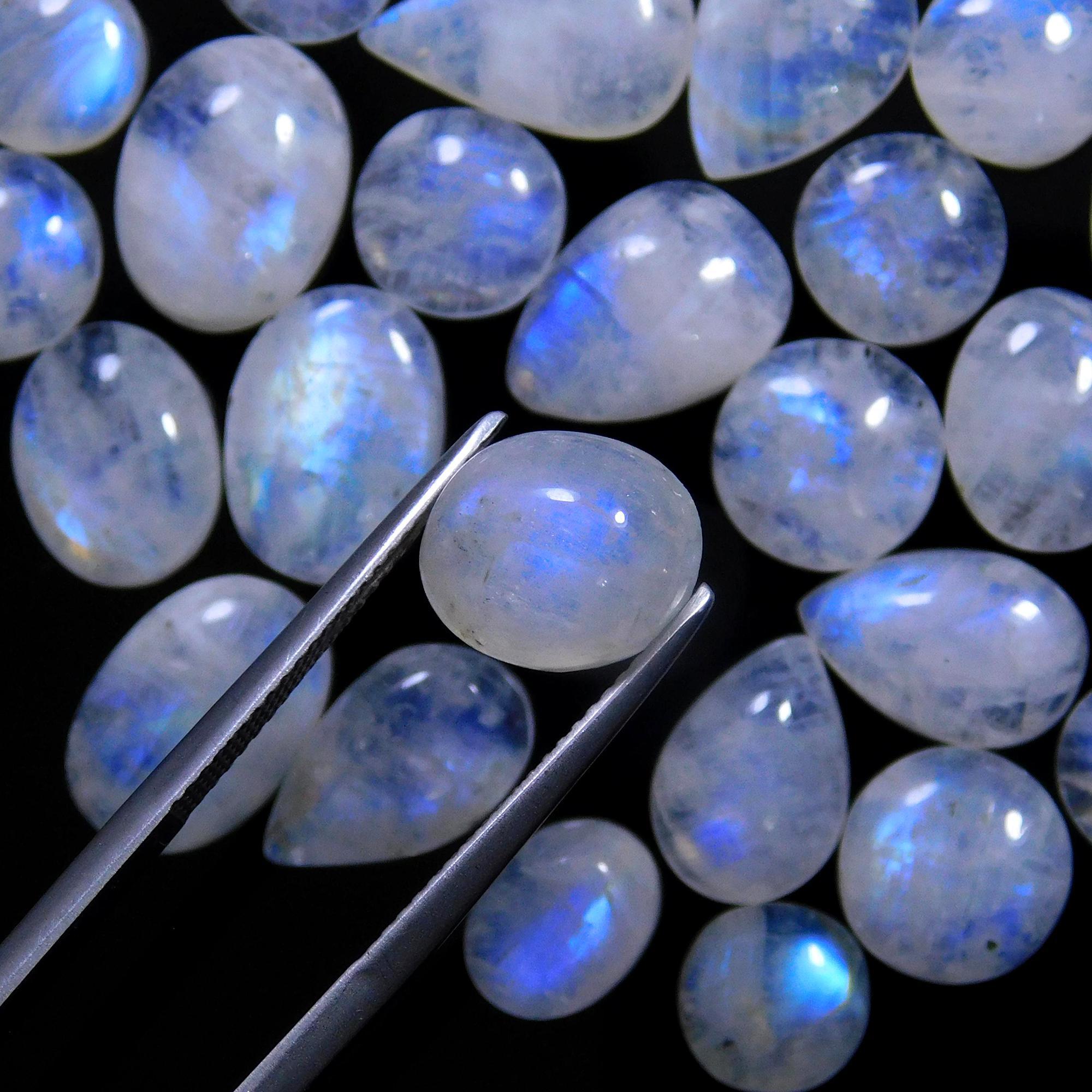 56 Pcs 185 Cts Natural Rainbow Moonstone Gemstone Cabochon Lot 7x9-6x18mm14017