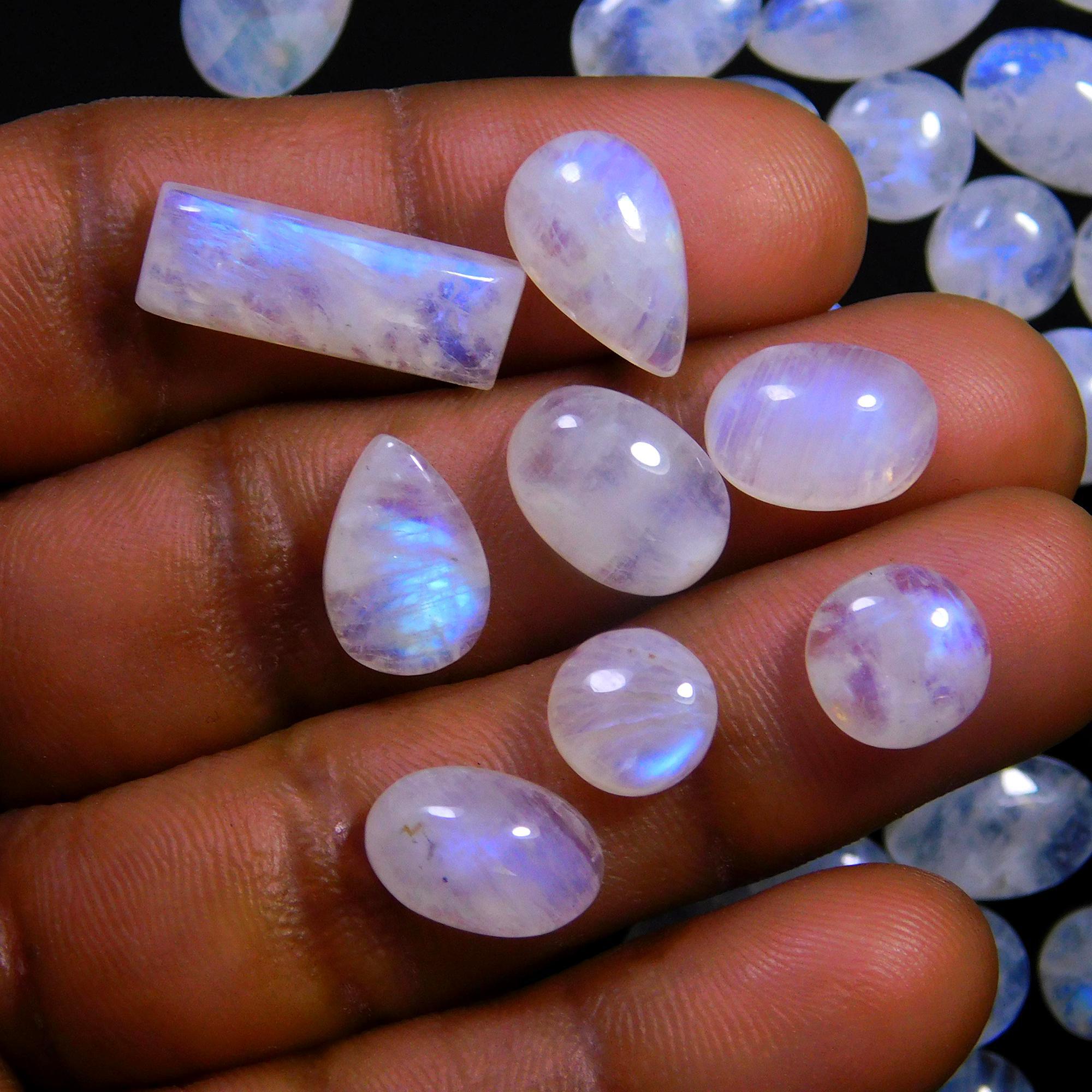 56 Pcs 185 Cts Natural Rainbow Moonstone Gemstone Cabochon Lot 7x9-6x18mm14017