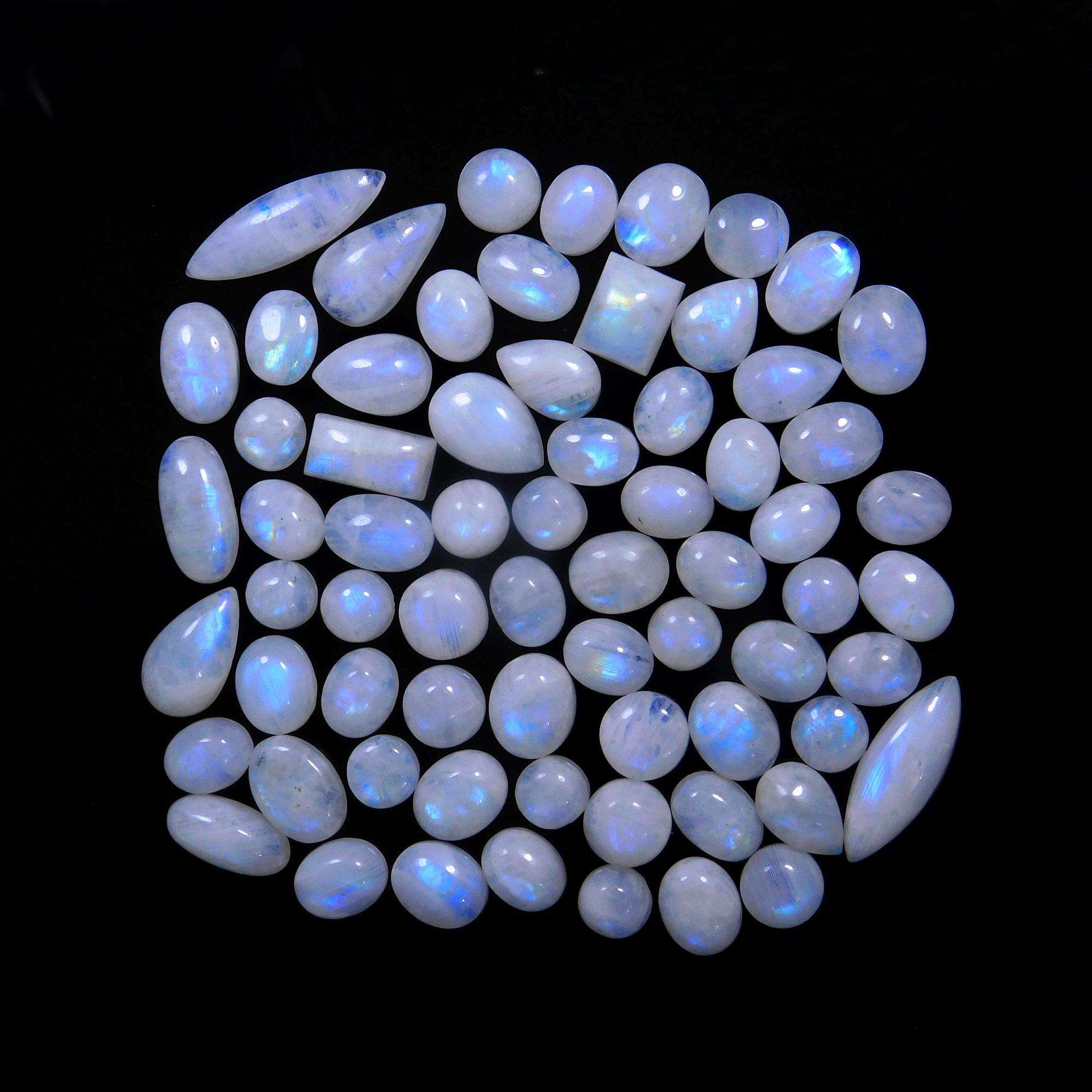 68 Pcs 262 Cts Natural Rainbow Moonstone Gemstone Cabochon Lot 7x9-8x22mmR-14018