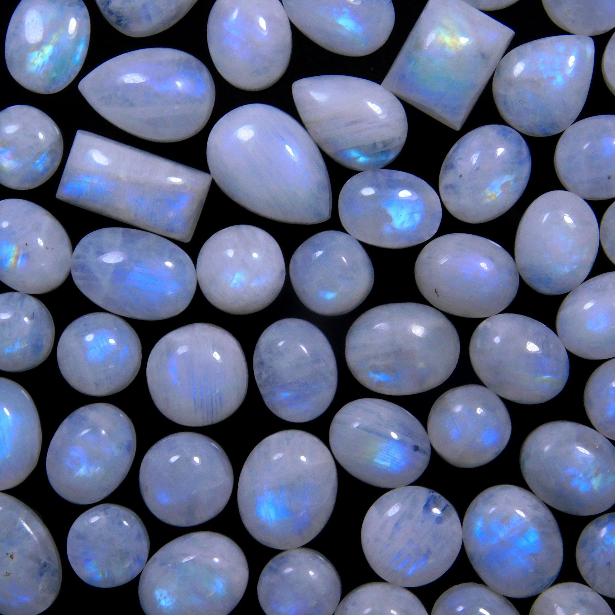 68 Pcs 262 Cts Natural Rainbow Moonstone Gemstone Cabochon Lot 7x9-8x22mmR-14018