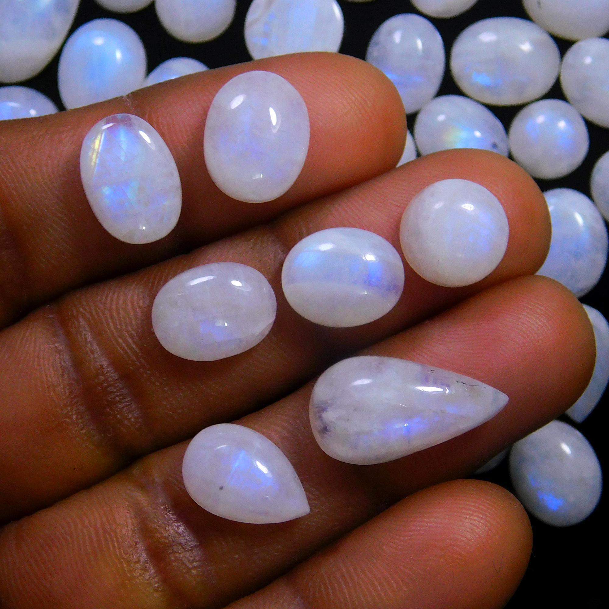 68 Pcs 262 Cts Natural Rainbow Moonstone Gemstone Cabochon Lot 7x9-8x22mmR-14018