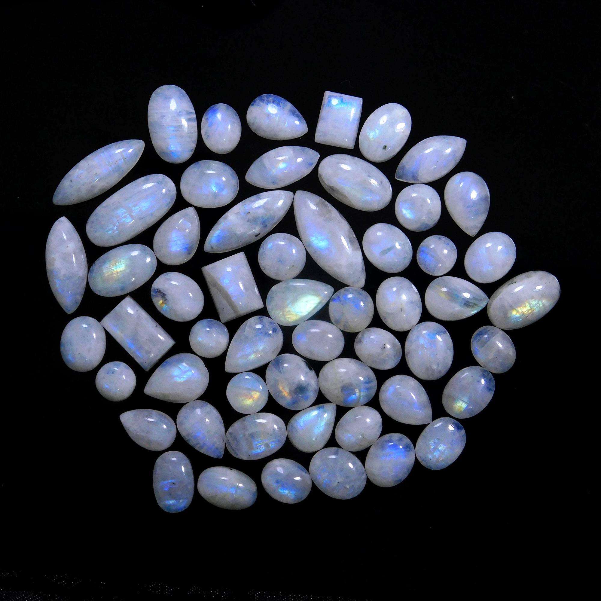 55 Pcs 246 Cts Natural Rainbow Moonstone Gemstone Cabochon Lot 7x9-9x23mm14019